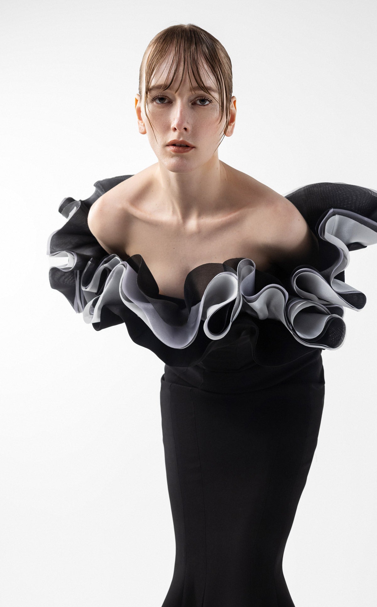 Romantic Black Gown with Sculptural Ruffles and Sleeves G2036