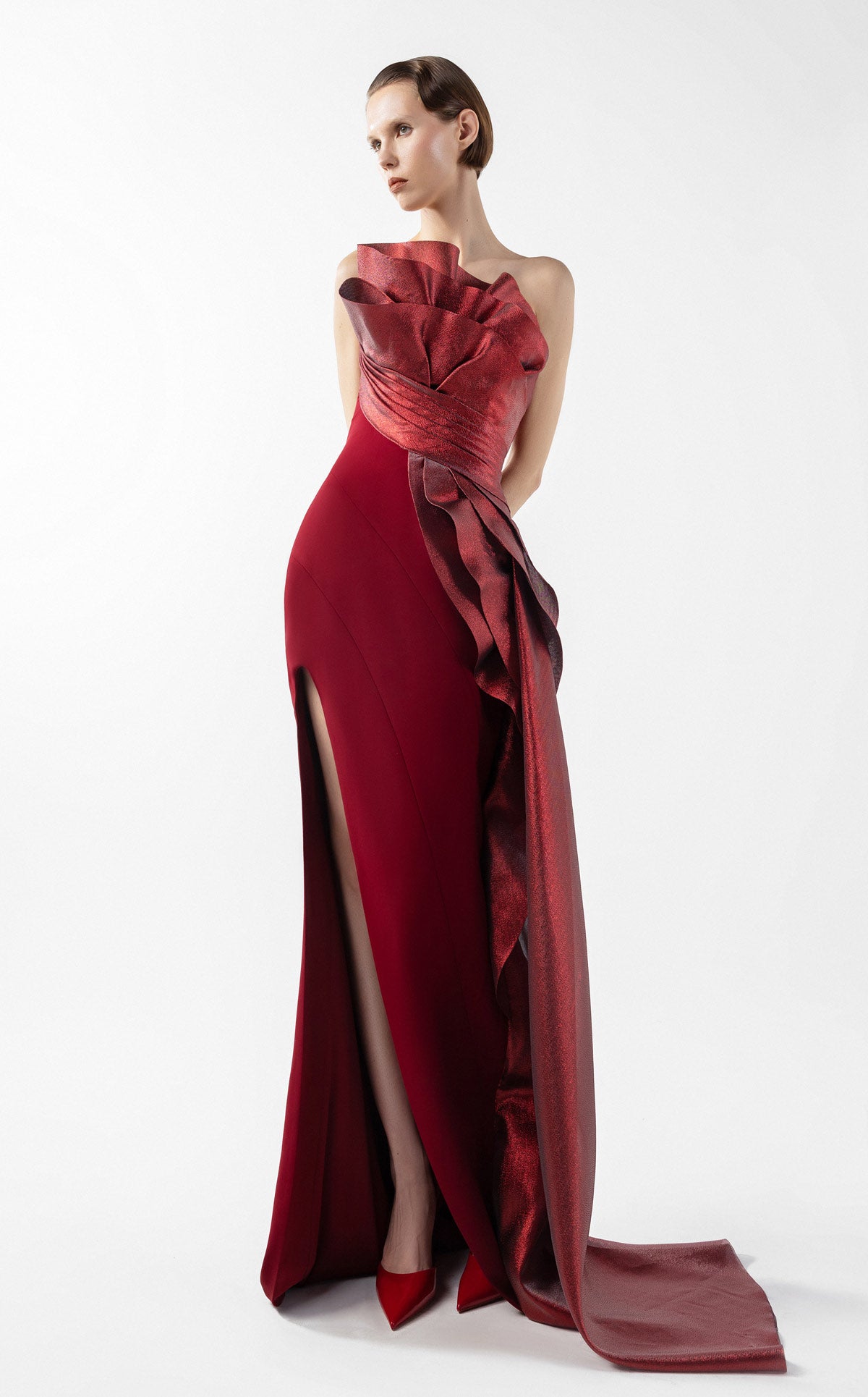 Exquisite Sculptural Burgundy Gown With Layered Lamé Organza Bodice G2037