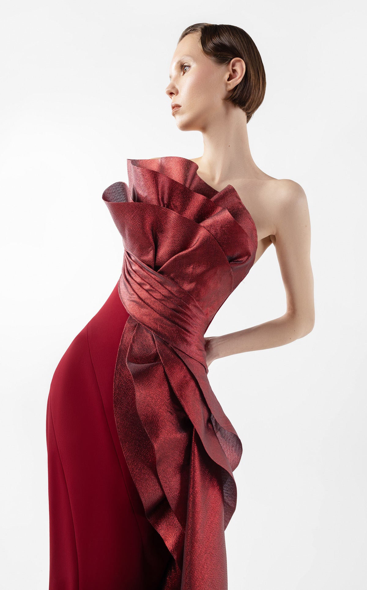 Exquisite Sculptural Burgundy Gown With Layered Lamé Organza Bodice G2037