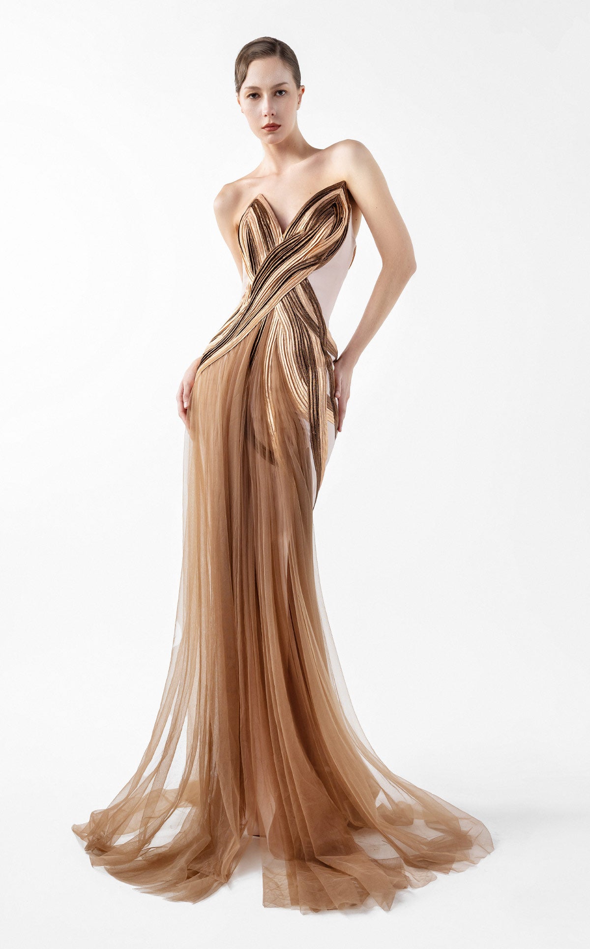 Strapless Nude Crepe Gown with Angular Bronze metallic Folds and Tulle Cascade G2038
