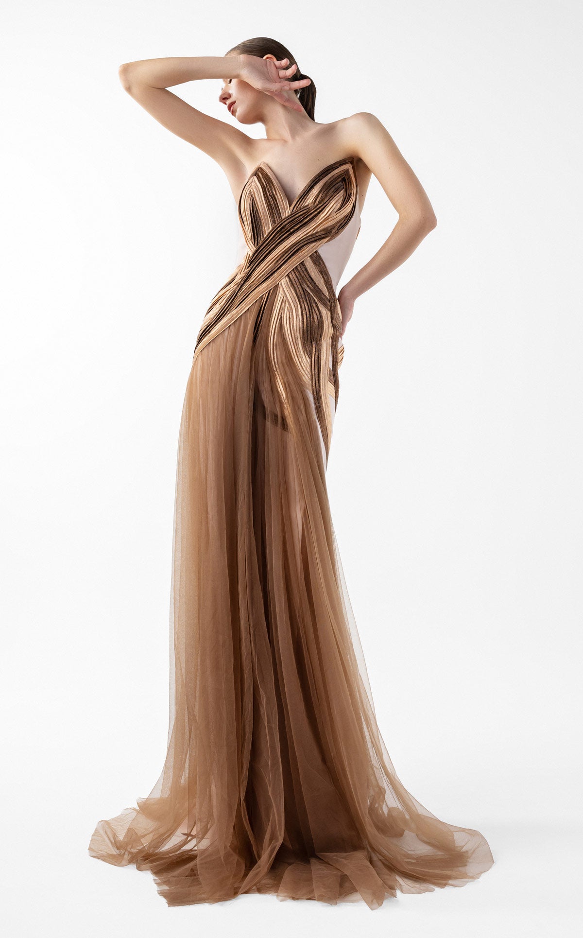 Strapless Nude Crepe Gown with Angular Bronze metallic Folds and Tulle Cascade G2038