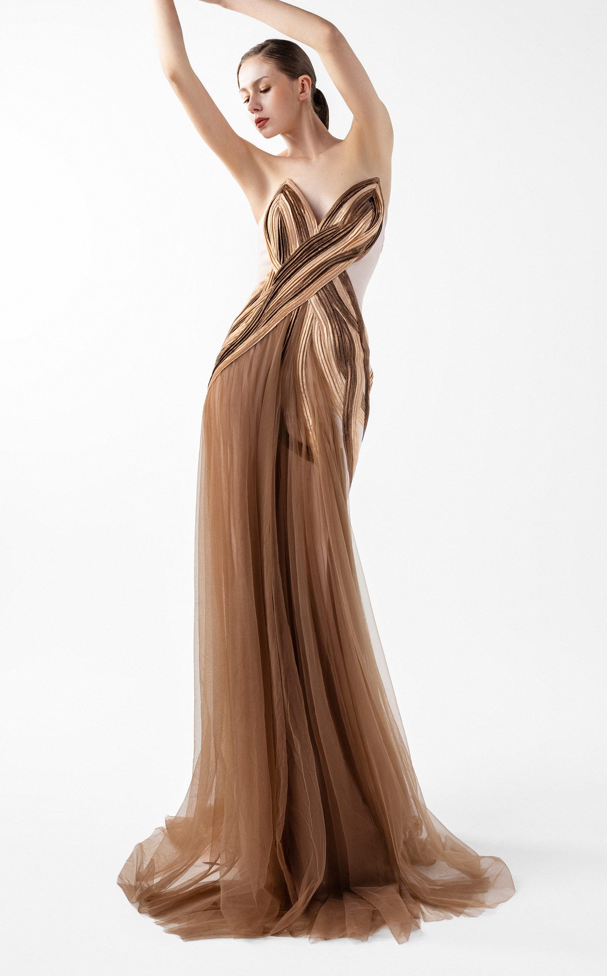 Strapless Nude Crepe Gown with Angular Bronze metallic Folds and Tulle Cascade G2038