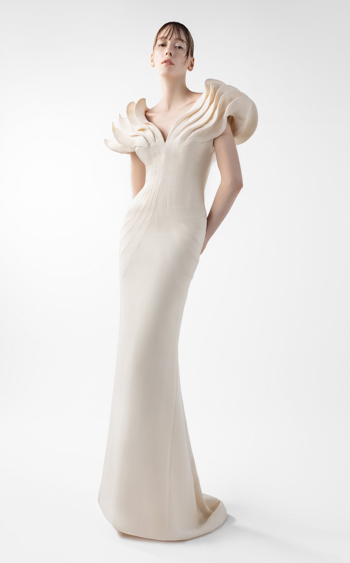 Cream Crepe Gown with Architectural Sleeves and Sculpted Lines G2039