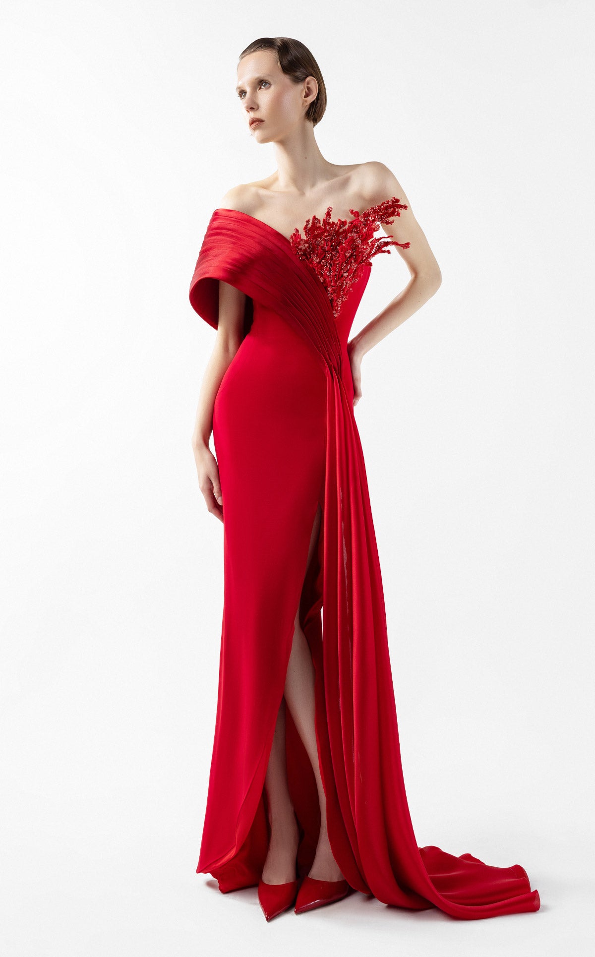 Crimson Gown with Sculpted Organza Off-Shoulder and Beaded Flame Bloom G2040
