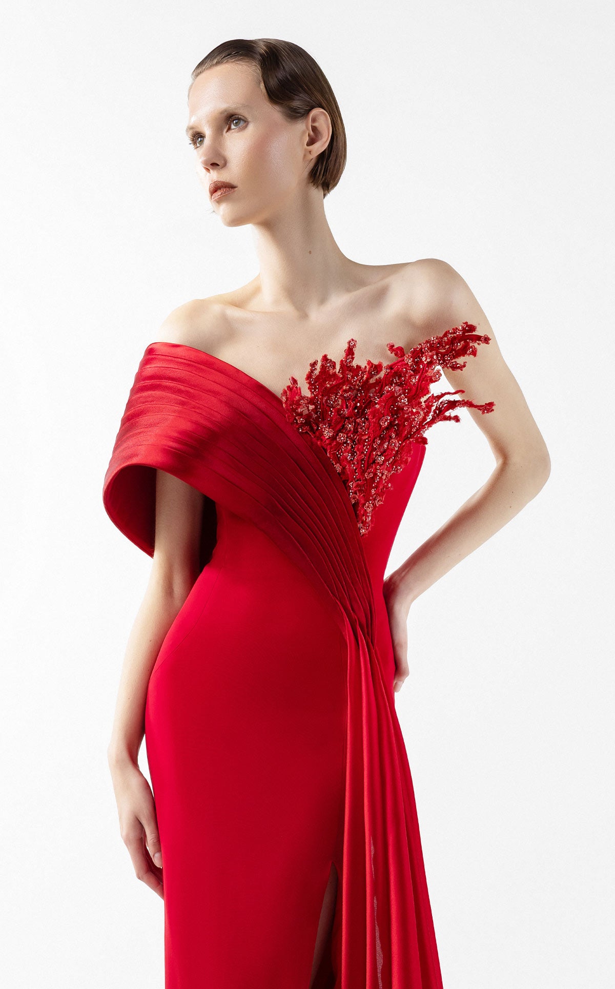 Crimson Gown with Sculpted Organza Off-Shoulder and Beaded Flame Bloom G2040