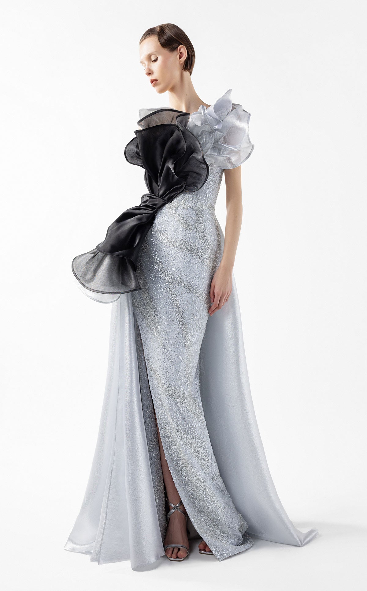 Silver Seduction Gown with Sculptural Black Organza Waves G2042 Silver Seduction Gown with Sculptural Black Organza Waves G2042
