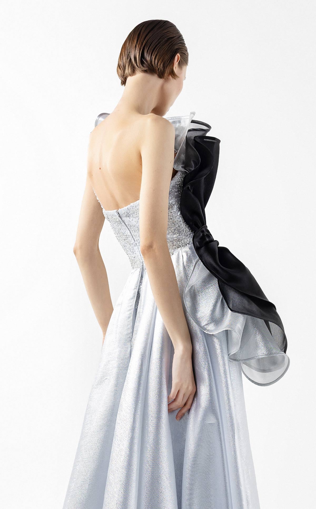 Silver Seduction Gown with Sculptural Black Organza Waves G2042