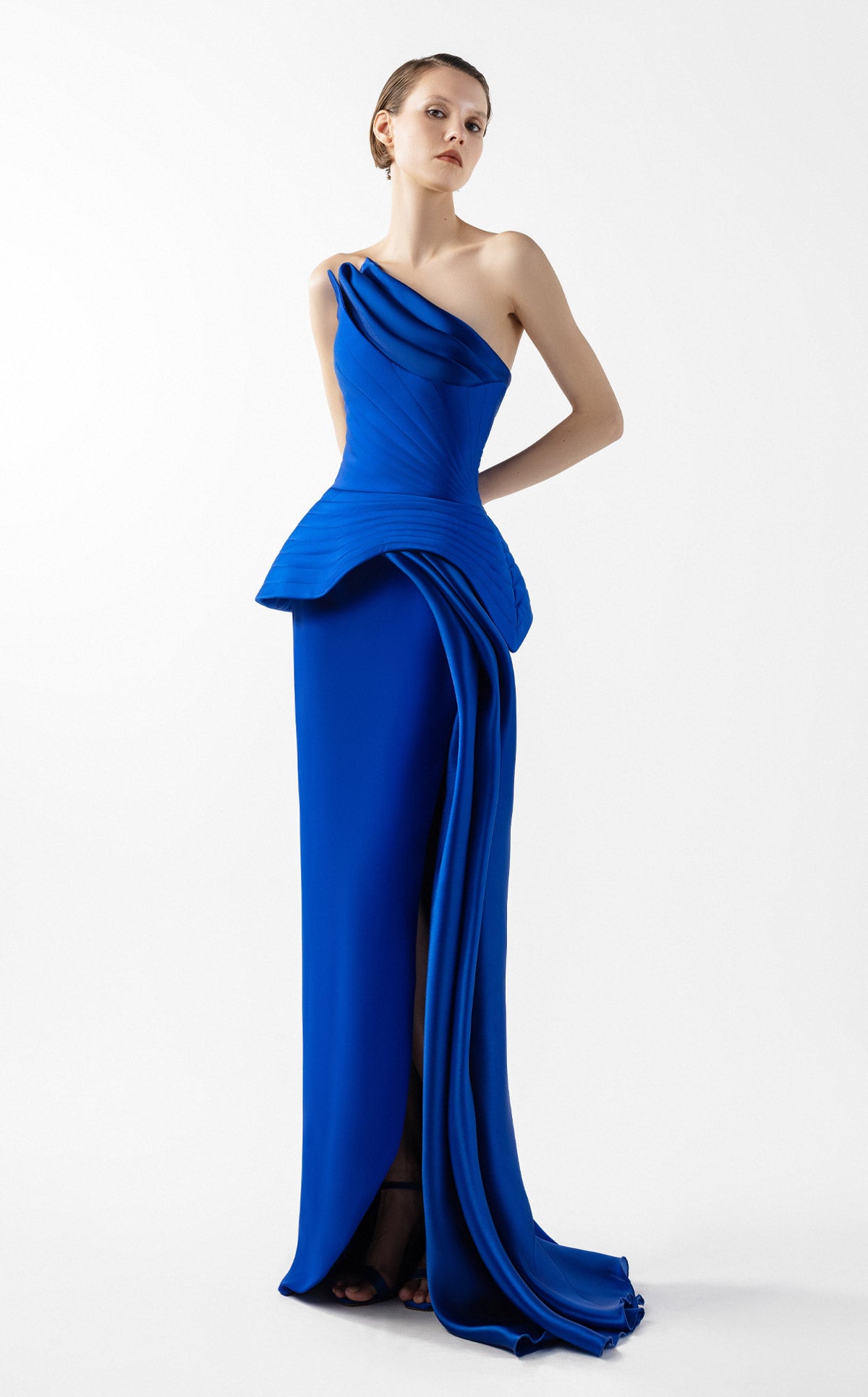 Royal Blue Corset Gown with Ribbed Peplum G2044