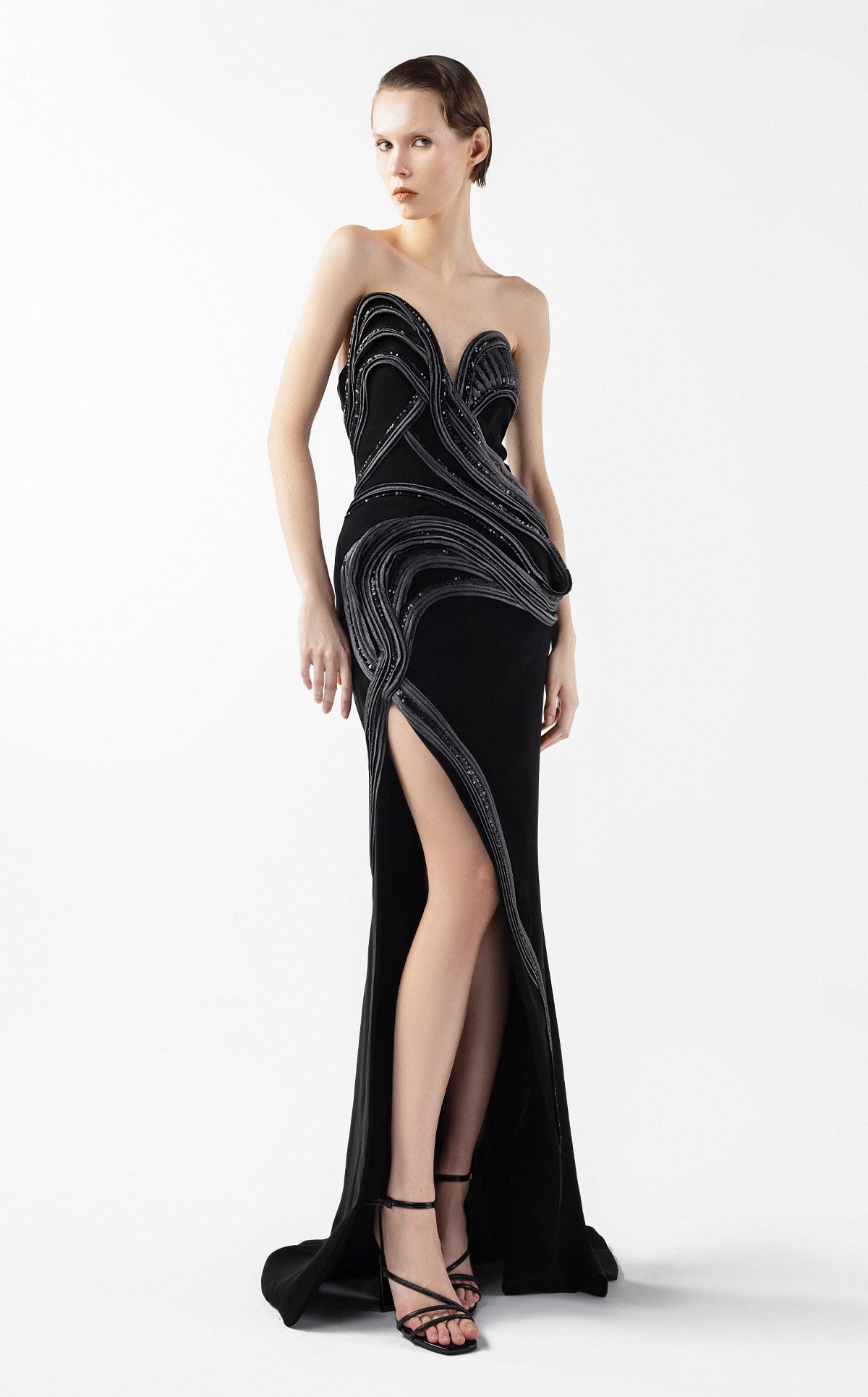 Strapless Asymmetrical Evening Gown with Anthracite Lamé Crystal Accents G2048