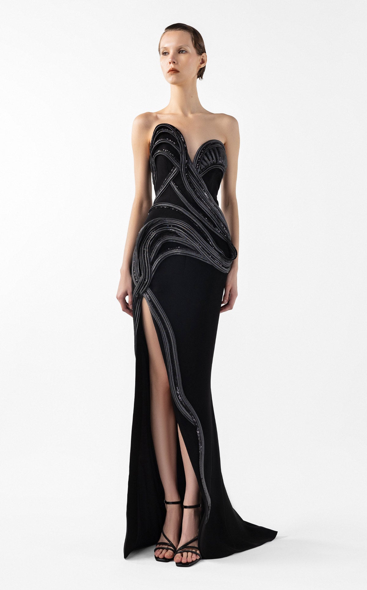 Strapless Asymmetrical Evening Gown with Anthracite Lamé Crystal Accents G2048
