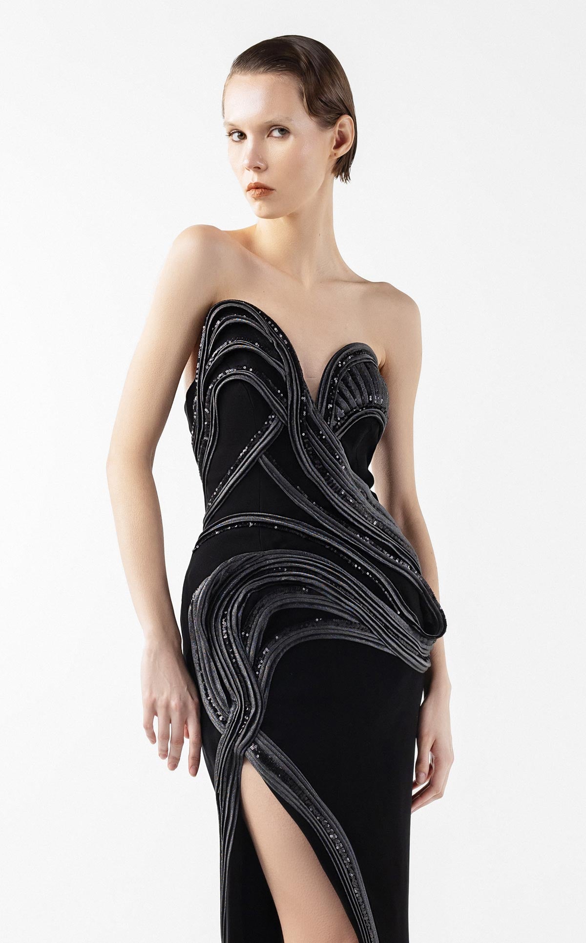 Strapless Asymmetrical Evening Gown with Anthracite Lamé Crystal Accents G2048