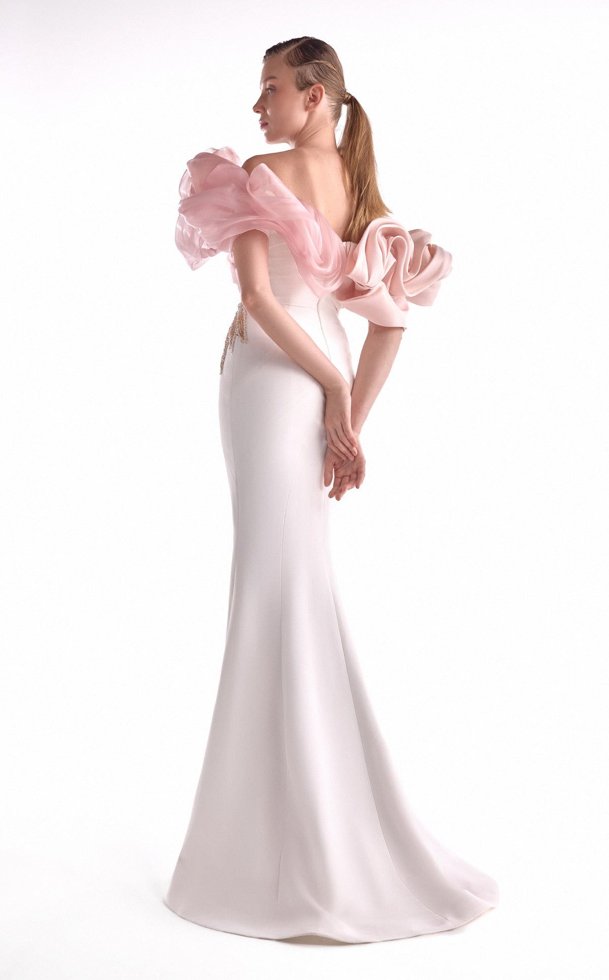 G2120 Off-White & Blush Sculpted Organza Shoulder Mermaid Gown