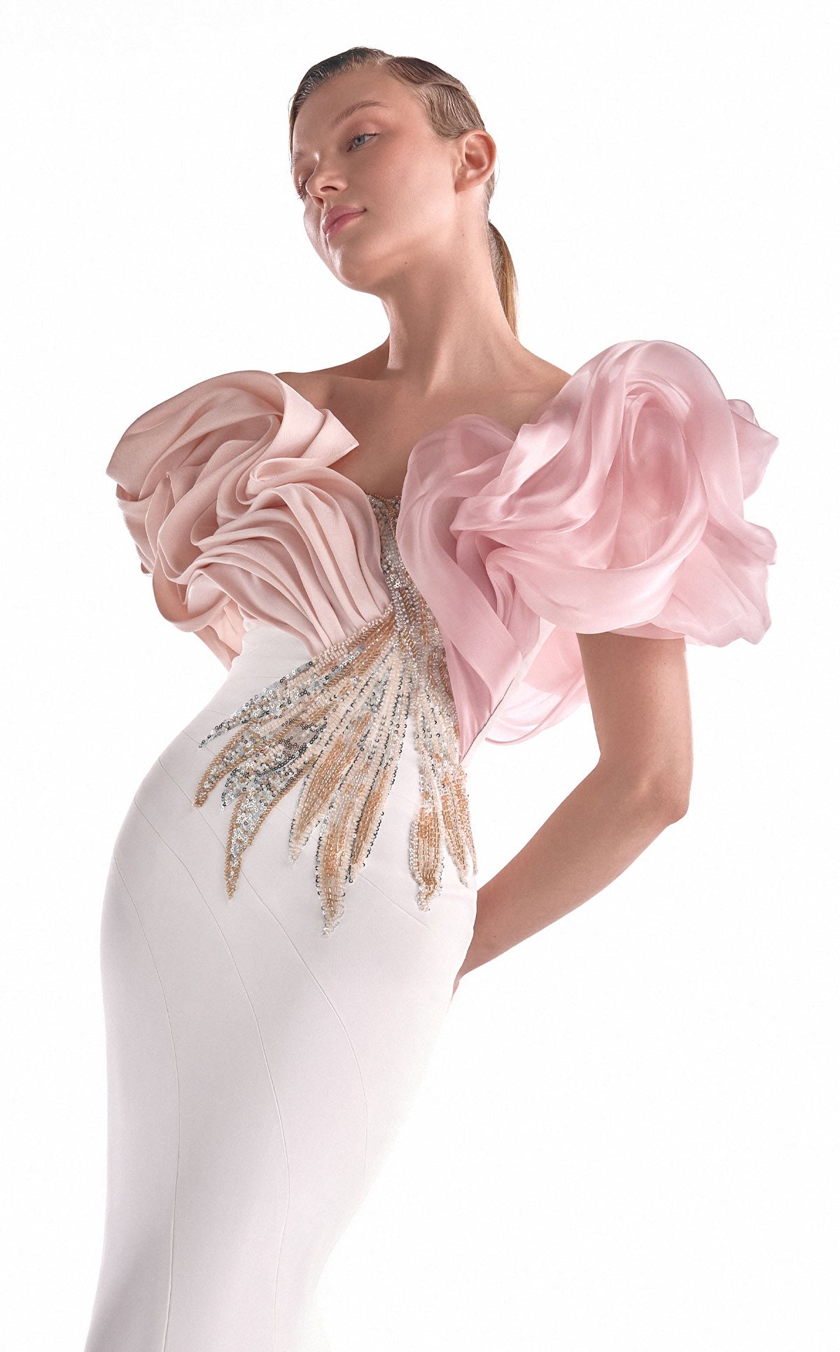 G2120 Off-White & Blush Sculpted Organza Shoulder Mermaid Gown