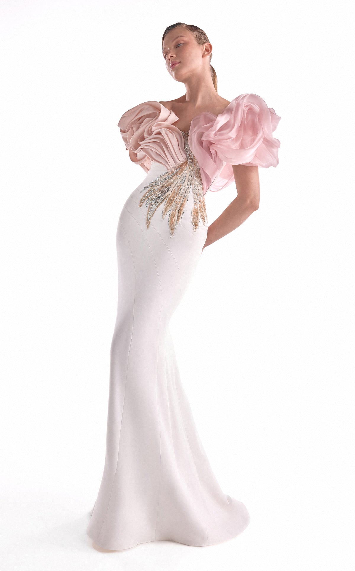 G2120 Off-White & Blush Sculpted Organza Shoulder Mermaid Gown