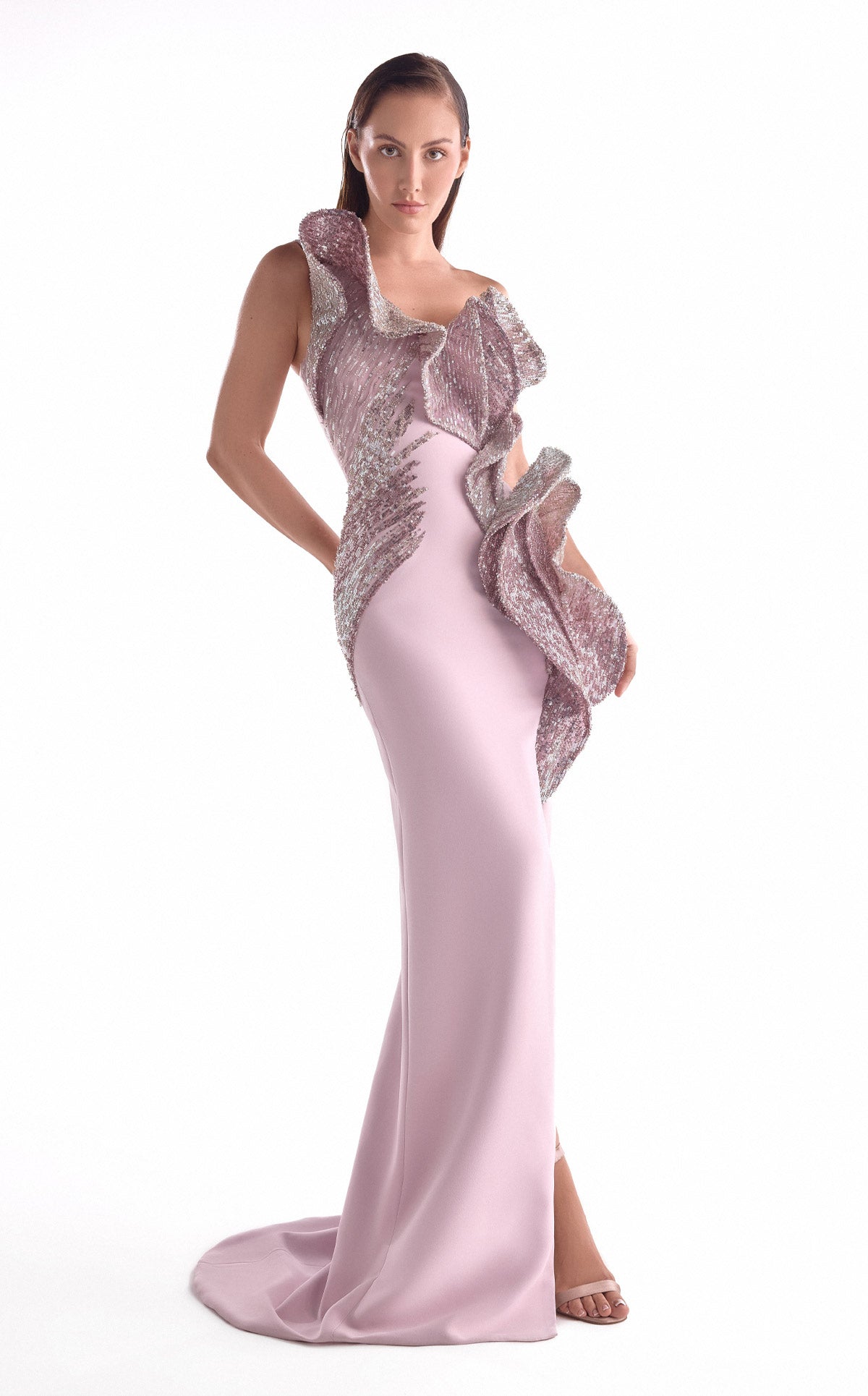 G2128 Old Rose One-Shoulder Sculptural Embellished Crepe Evening Gown