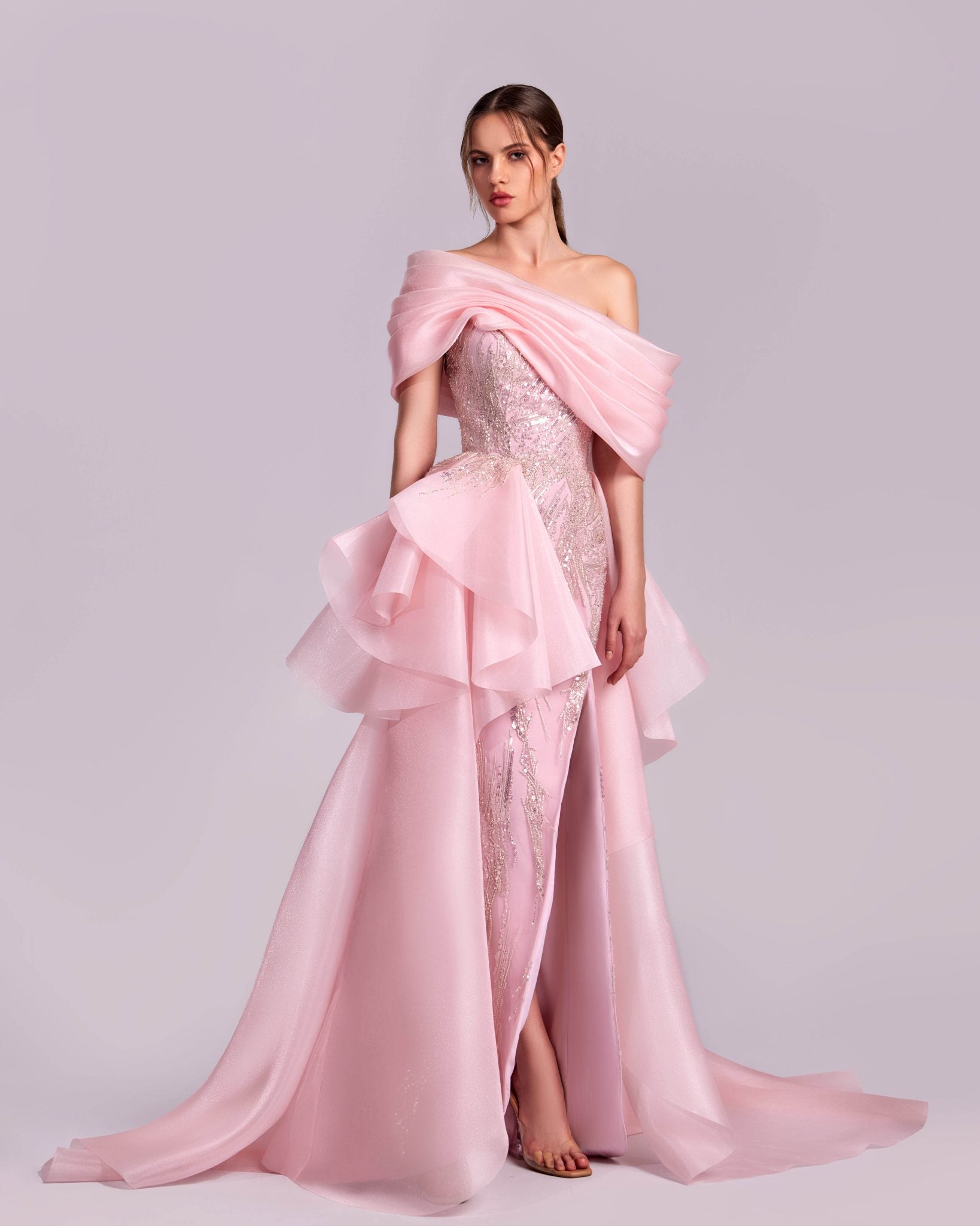 Whimsical Off-Shoulders Lace and Organza Pink Dress G1829