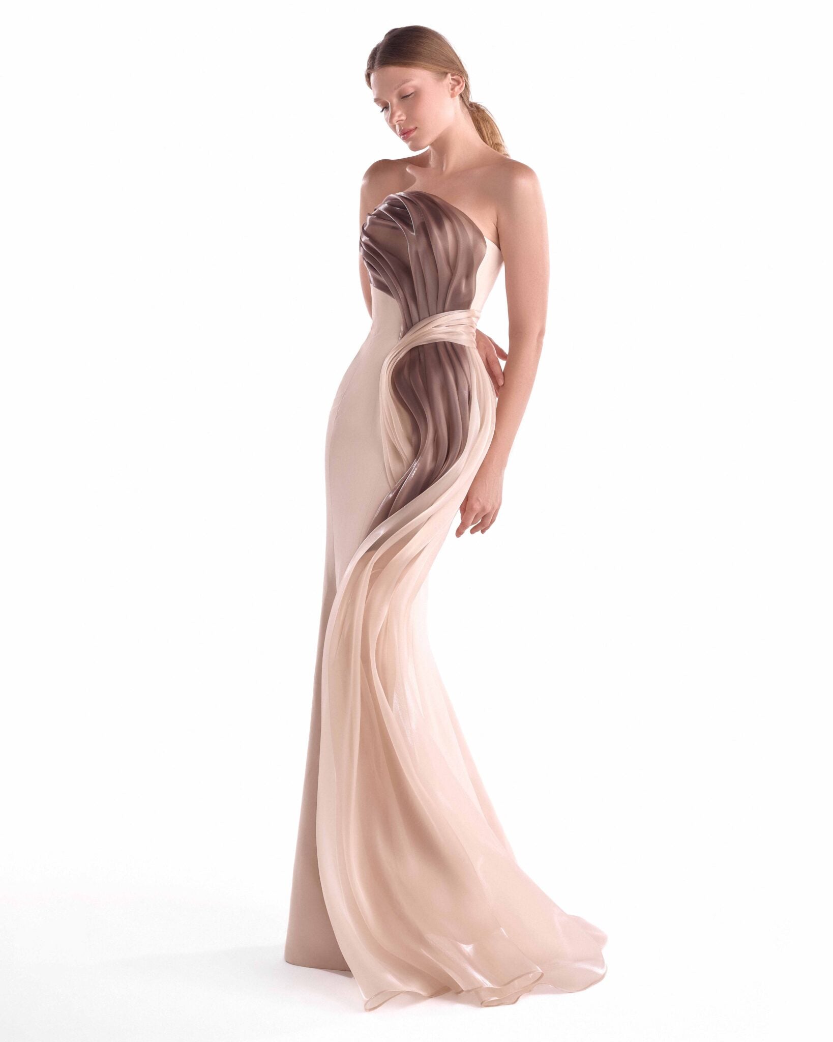 Sculpted Flow, Draped in Whispered Liquid Two-Tone Organza G2109