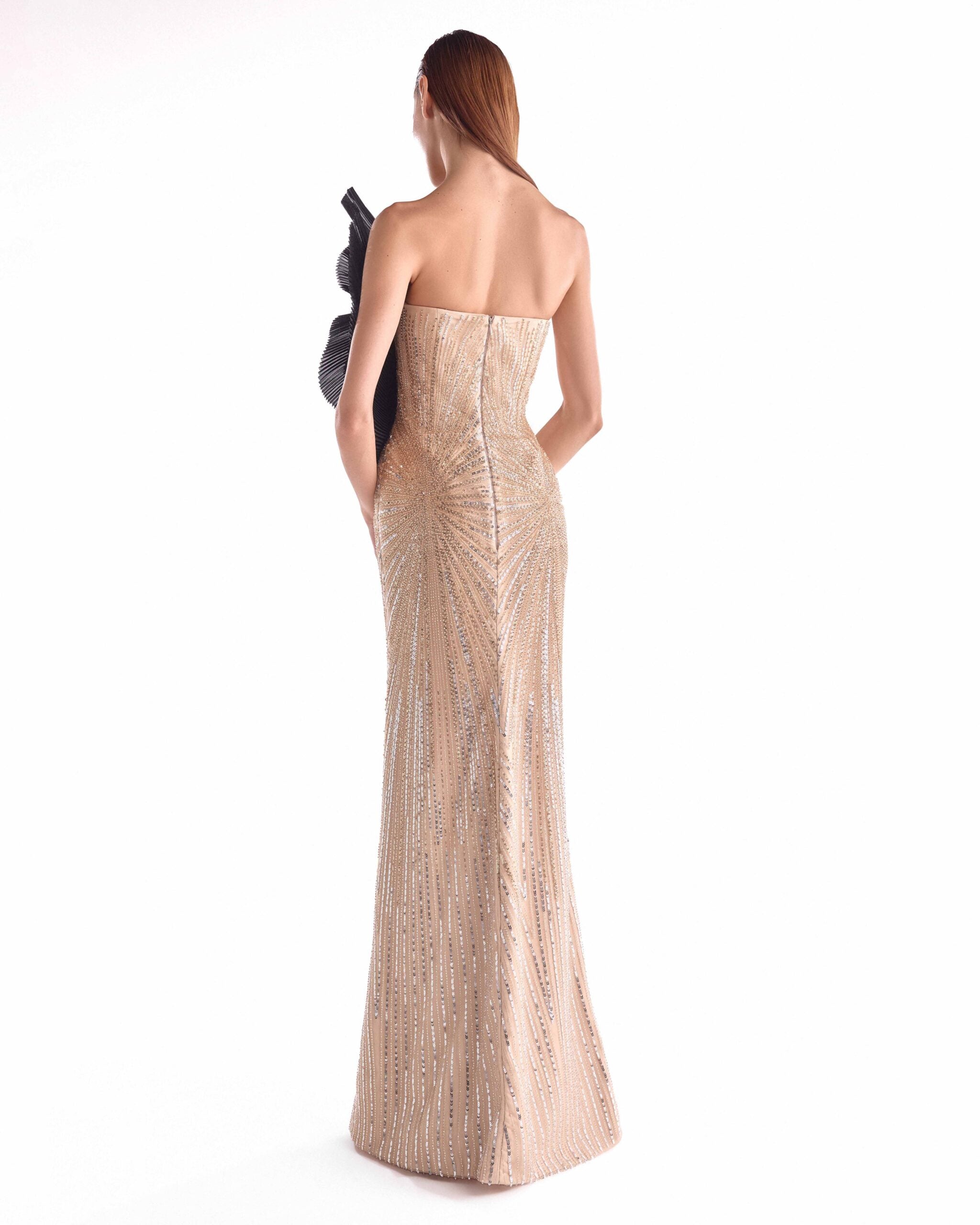 Sunburst Embellished Golden Gown, Oversized Black Bloom Detail G2114