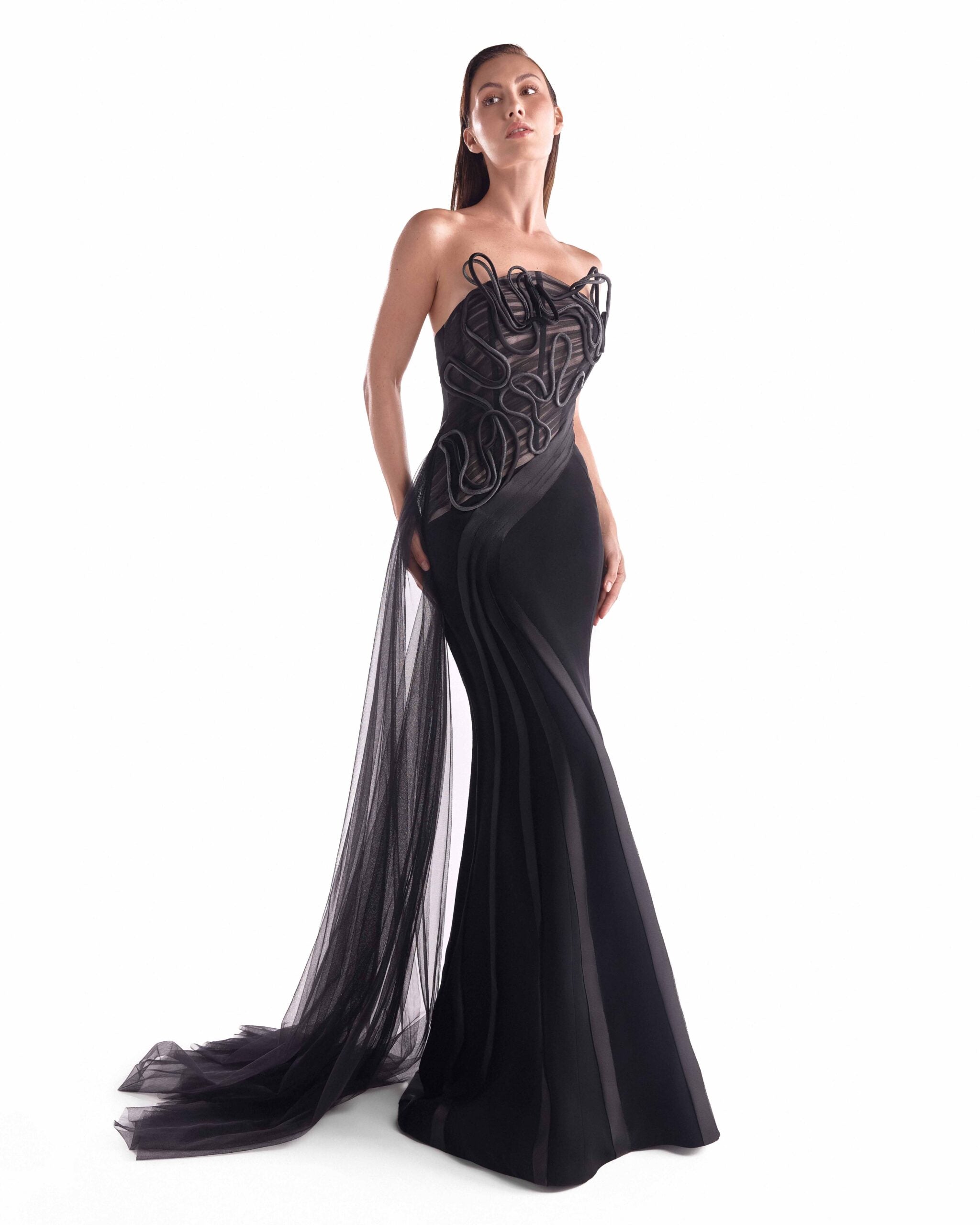 Artfully Corded Illusion Bodice Black Gown G2116