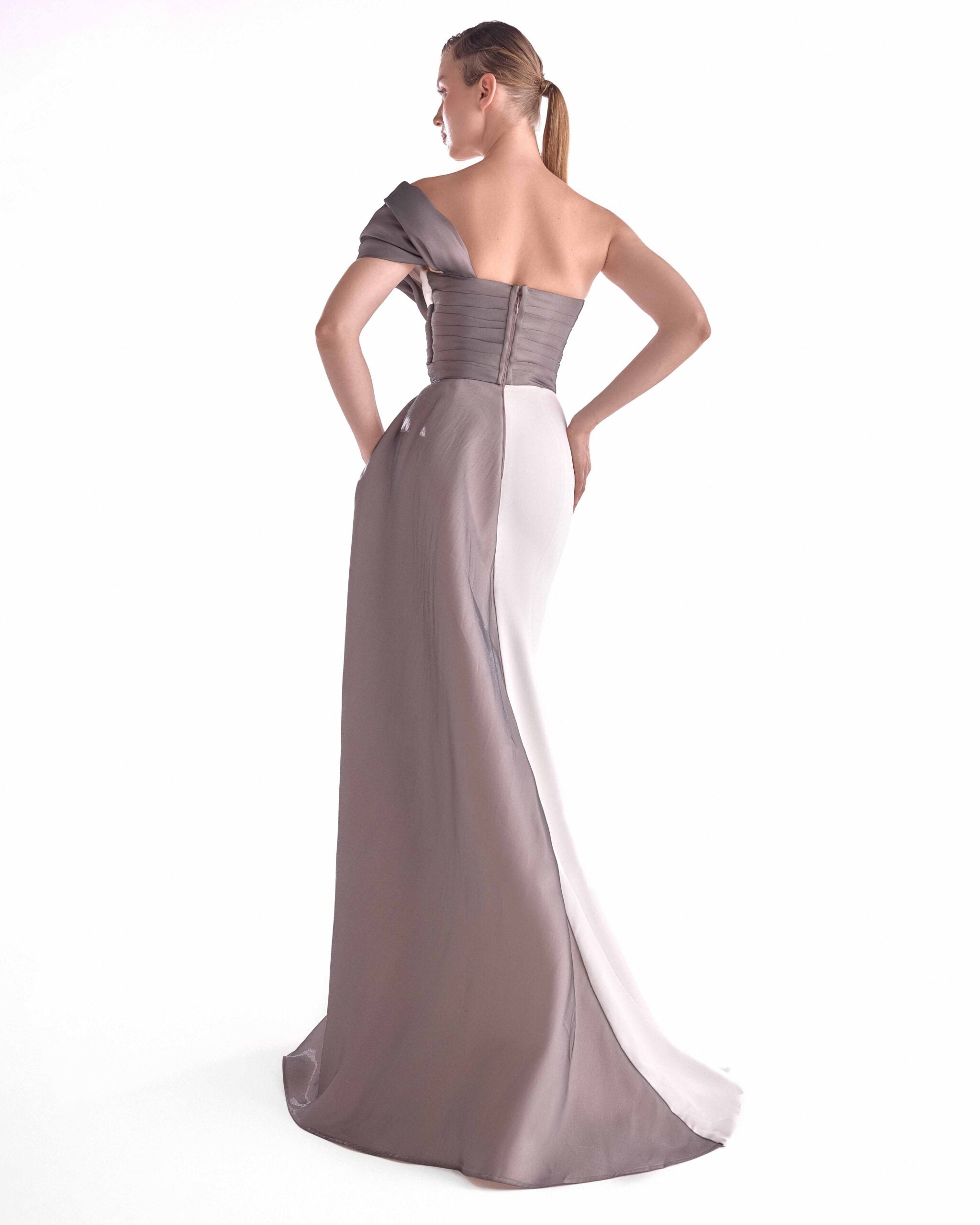 One-Shoulder Mixed Media Gown in Off-White and Anthracite G2119