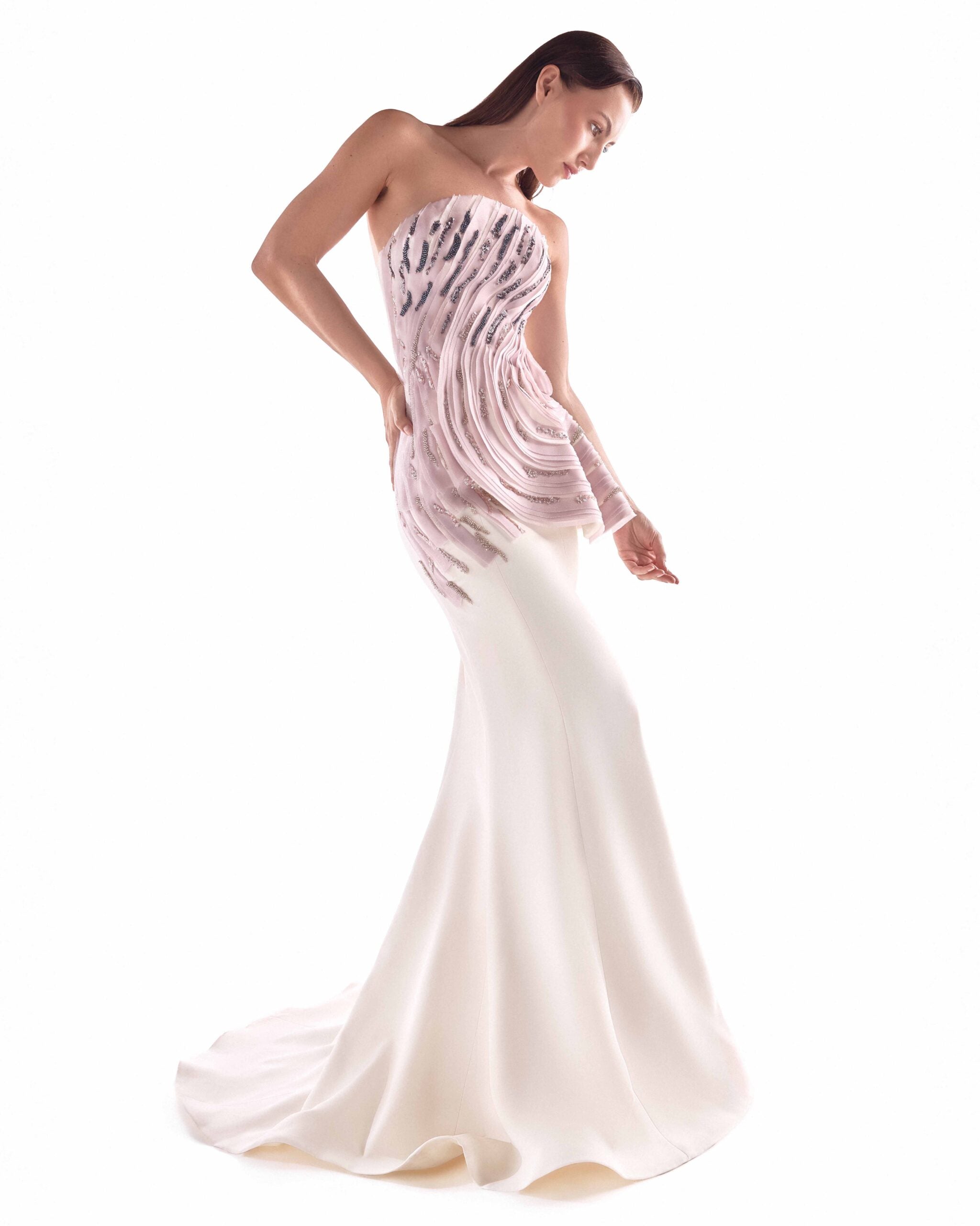 An Off-White Mermaid Silhouette Traced with Blush Embroidered Waves G2123