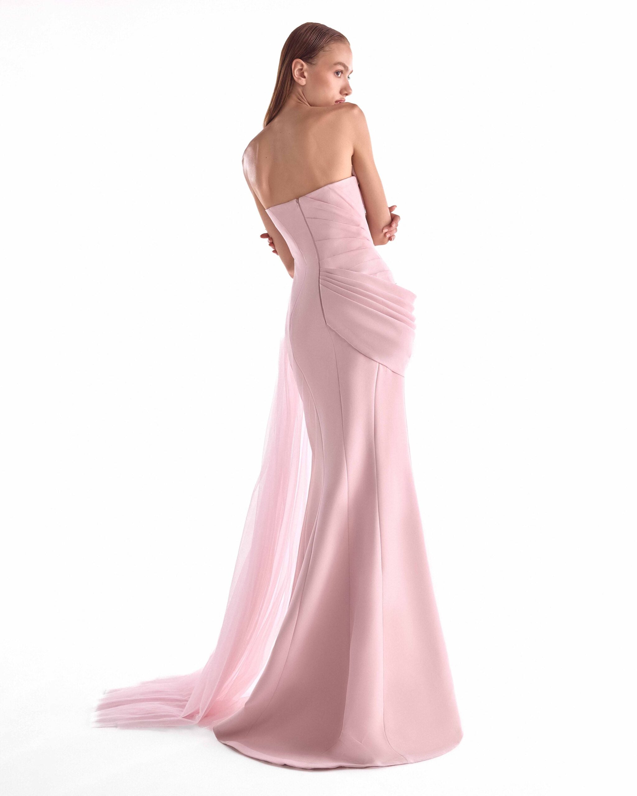Second-Skin Seduction in Corseted Pink Crepe Gown G2126