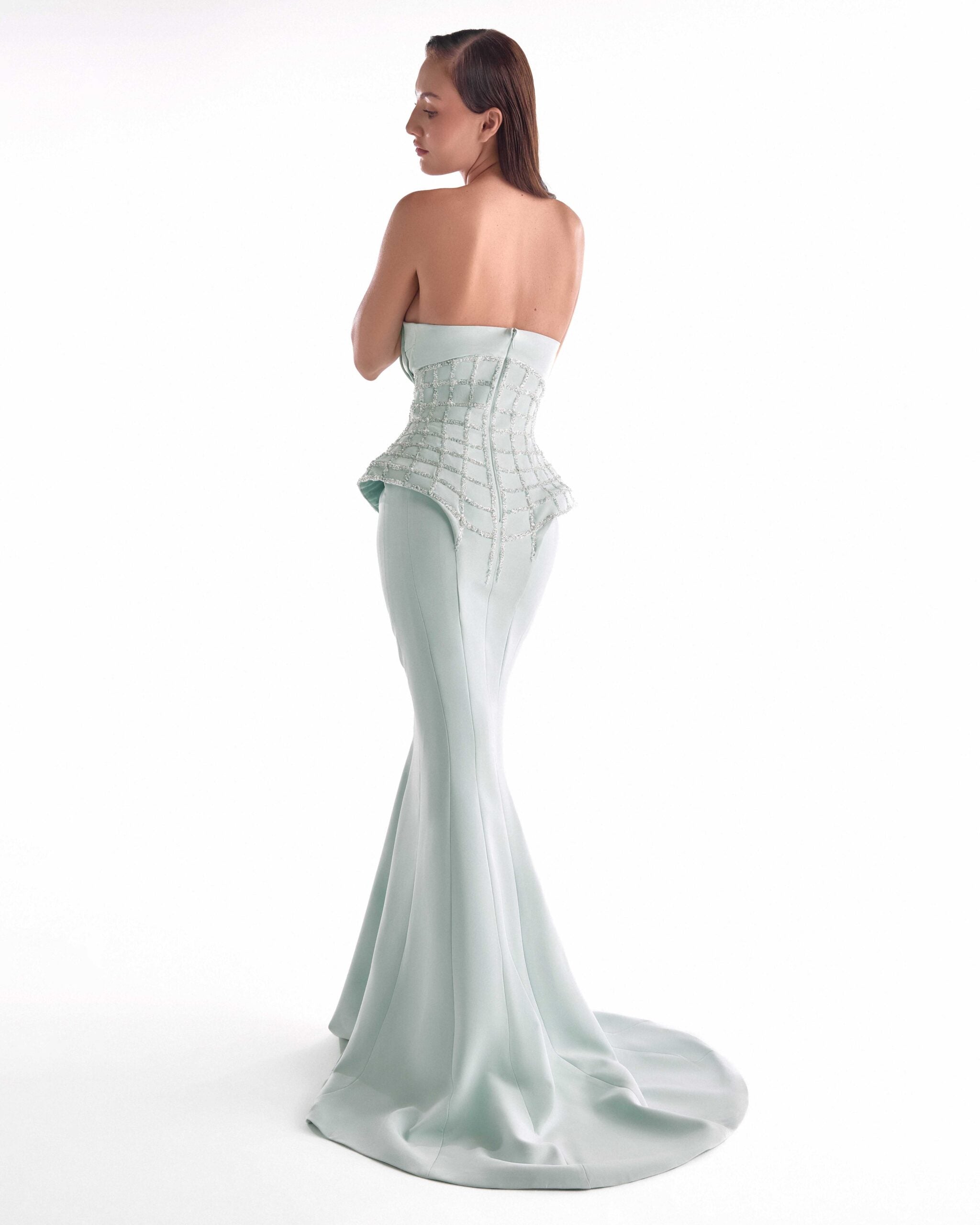 Sculpted Desire in a Mint Gown with Corset-Inspired Embroidery G2141