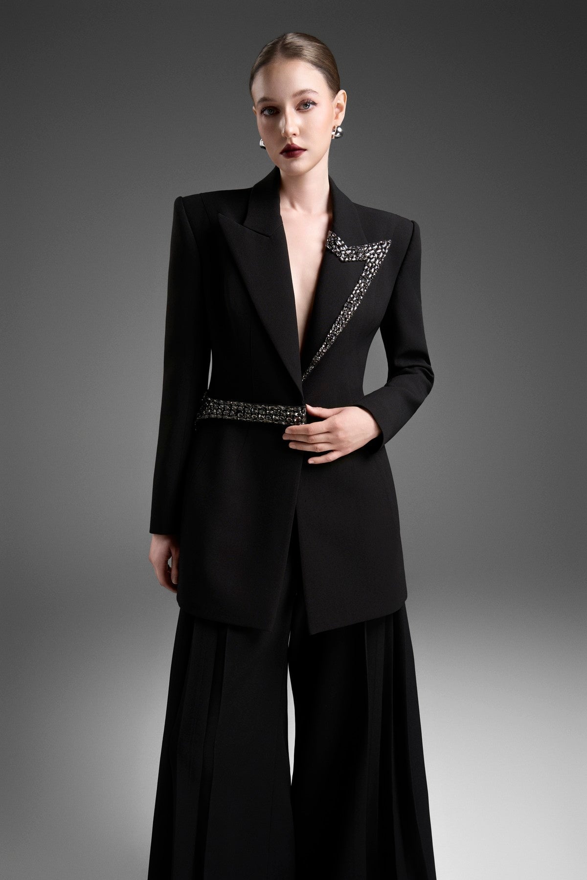Tailored Blazer with an Integrated Asymmetrical Side-Tie Belt