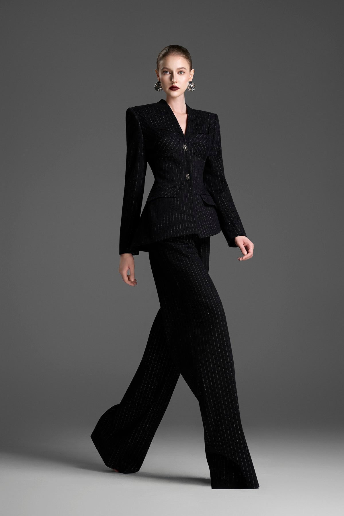 Classic, Straight-Leg Trousers in a Matching Pinstripe Fabric