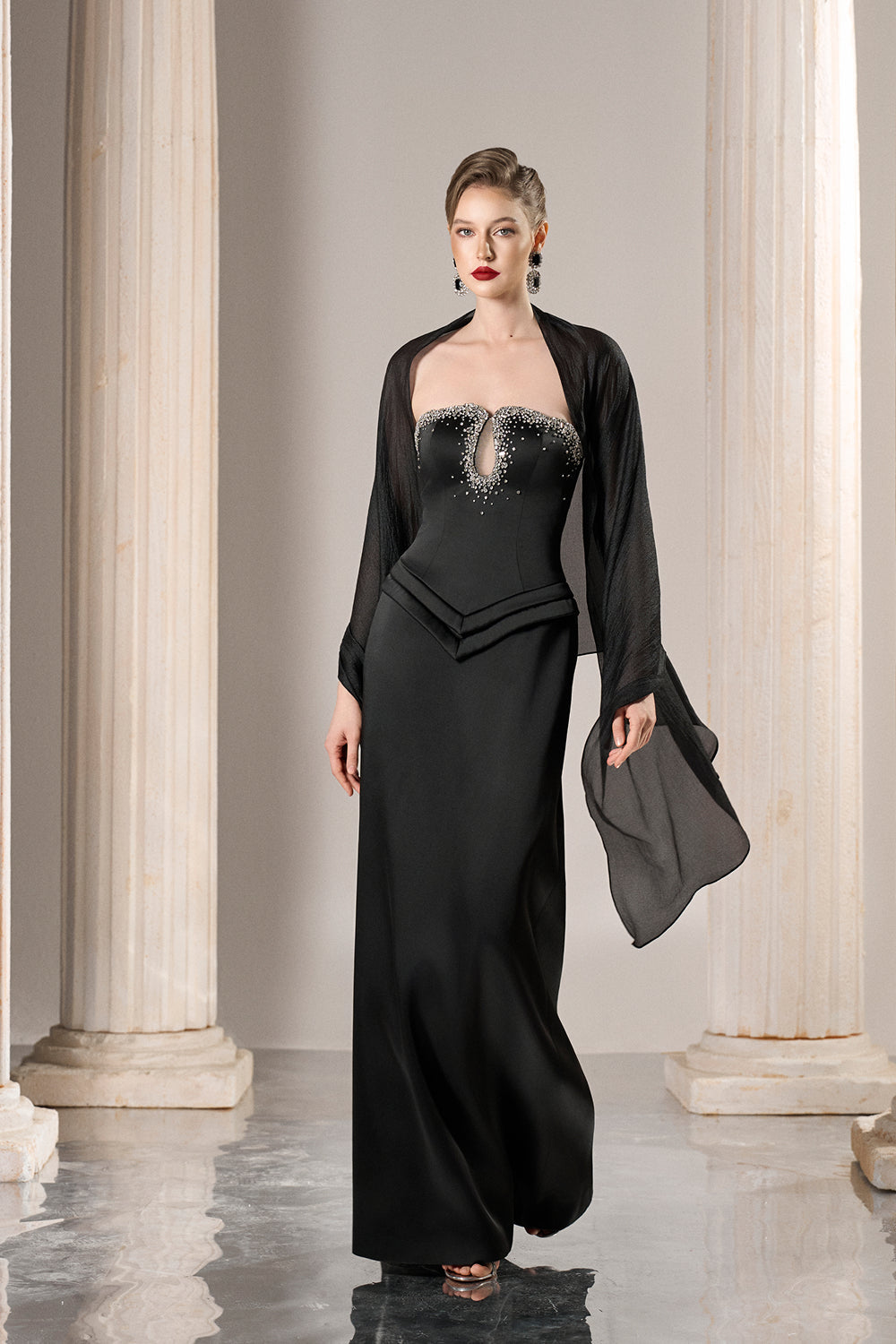 Dress Strapless black gown, crystal keyhole, dramatic chiffon drape
