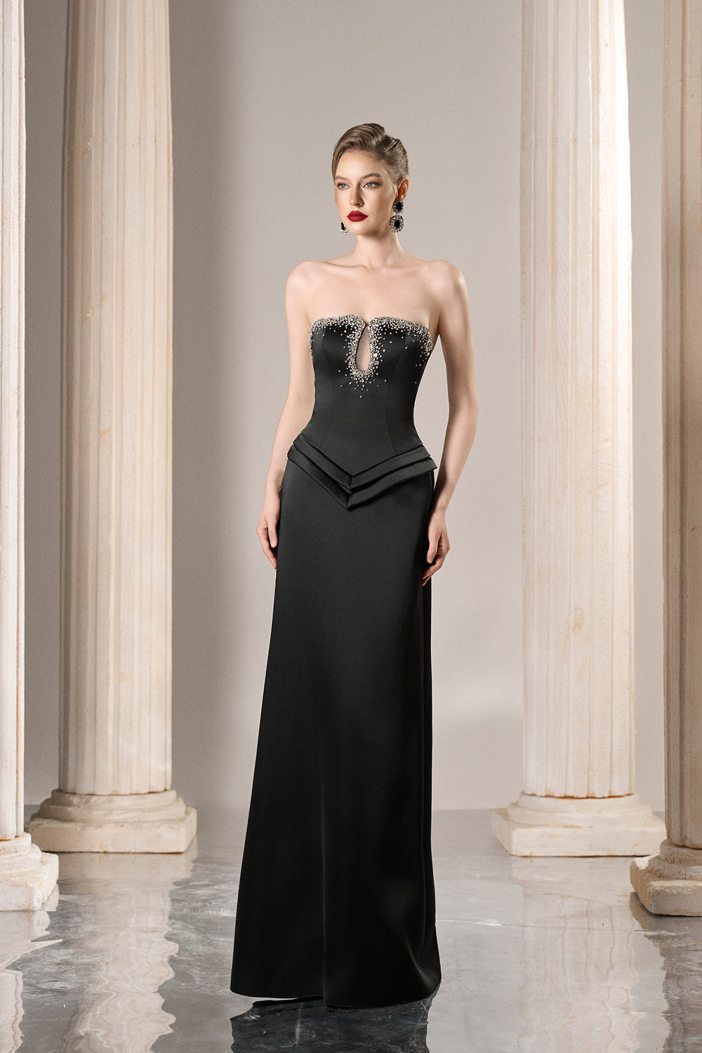 Dress Strapless black gown, crystal keyhole, dramatic chiffon drape