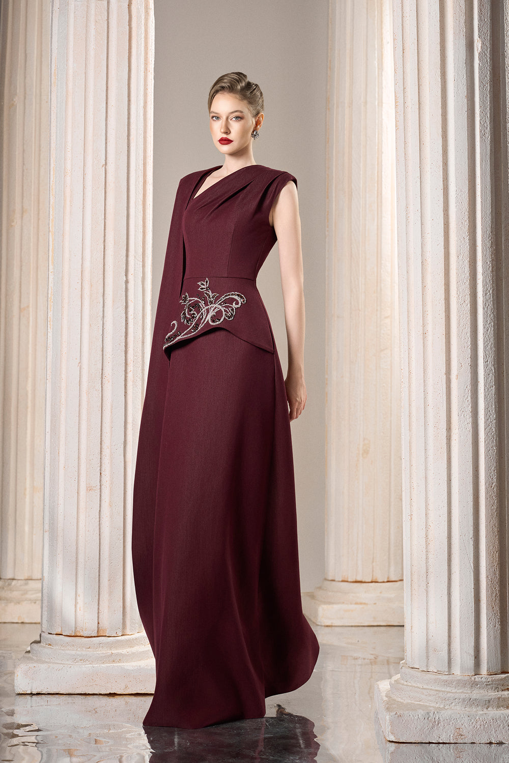 Dress Asymmetrical column dress with a single draped cape sleeve