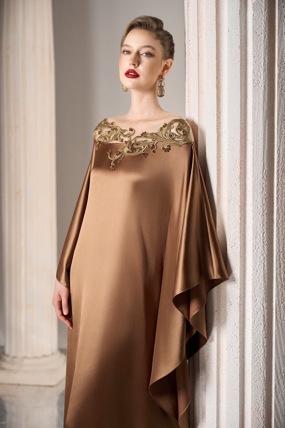 Dress Off-shoulder silk caftan, gold embroidery detail