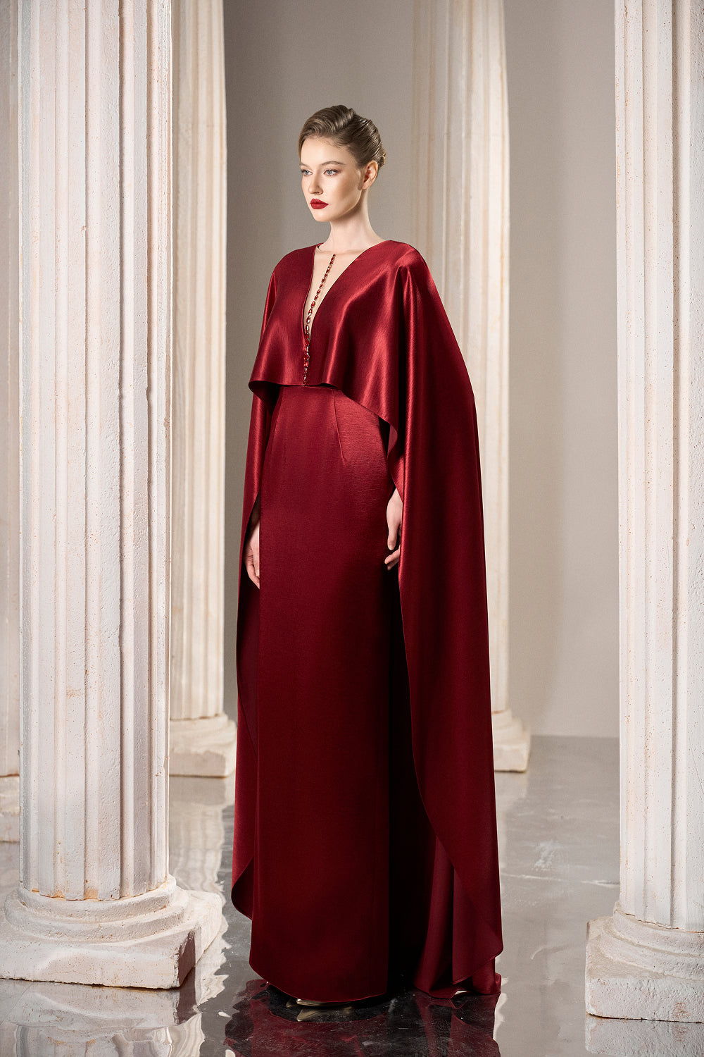 Dress Luxurious silk column gown dramatic cape silhouette