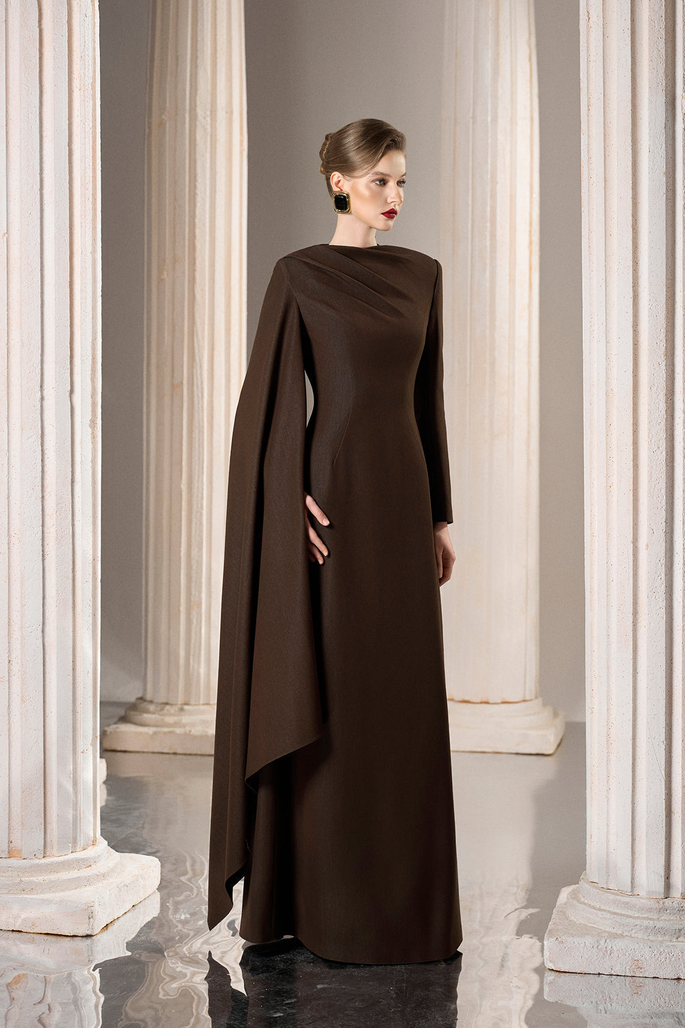 Dress Fitted column gown, draped neck, dramatic side cape