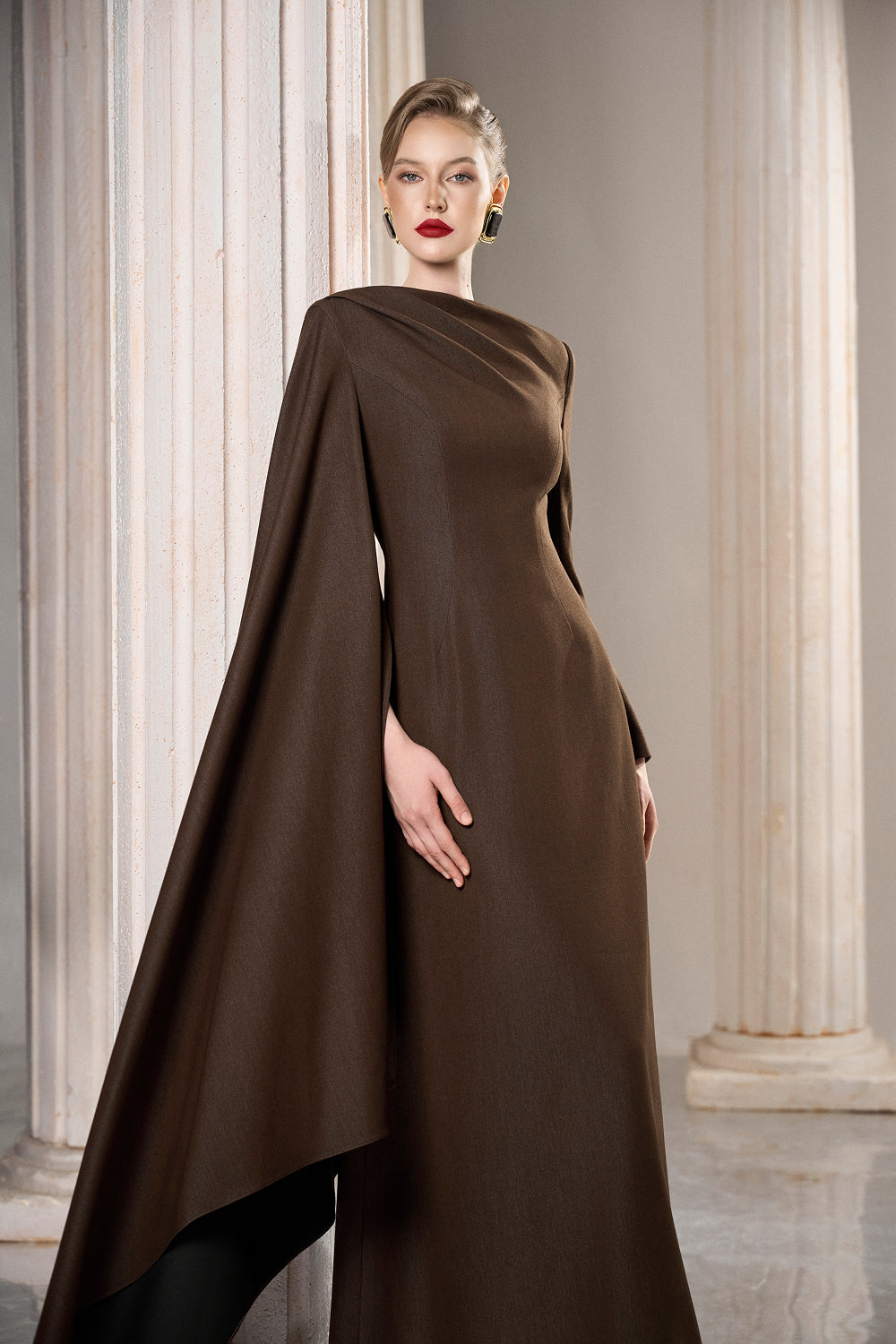Dress Fitted column gown, draped neck, dramatic side cape