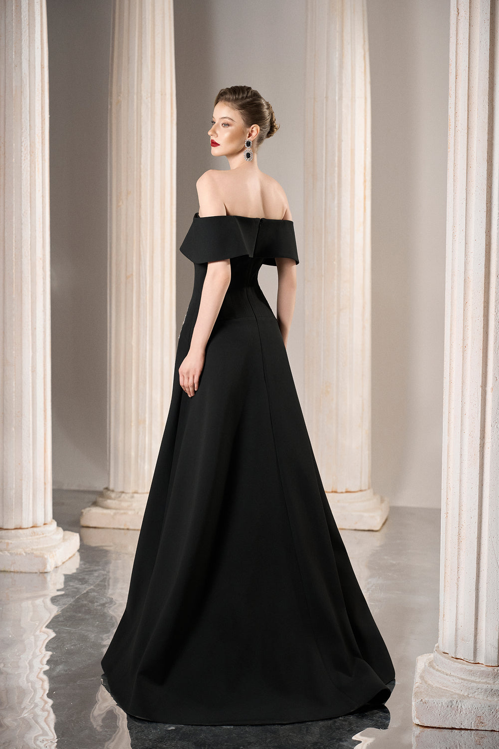 Dress Black off-shoulder gown, fitted bodice, crystal waist