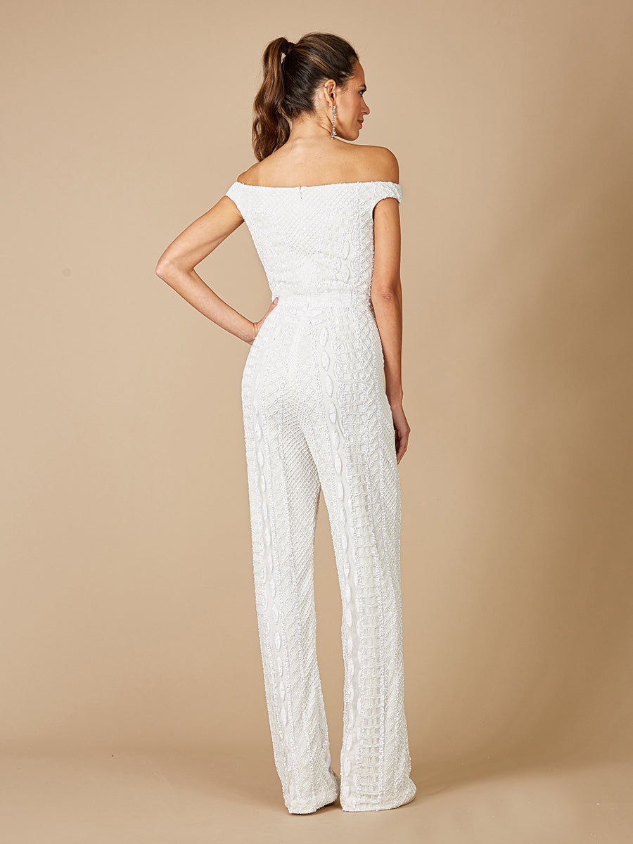 Gabby Beaded Off-the-Shoulder Bridal Jumpsuit with Pockets 51060