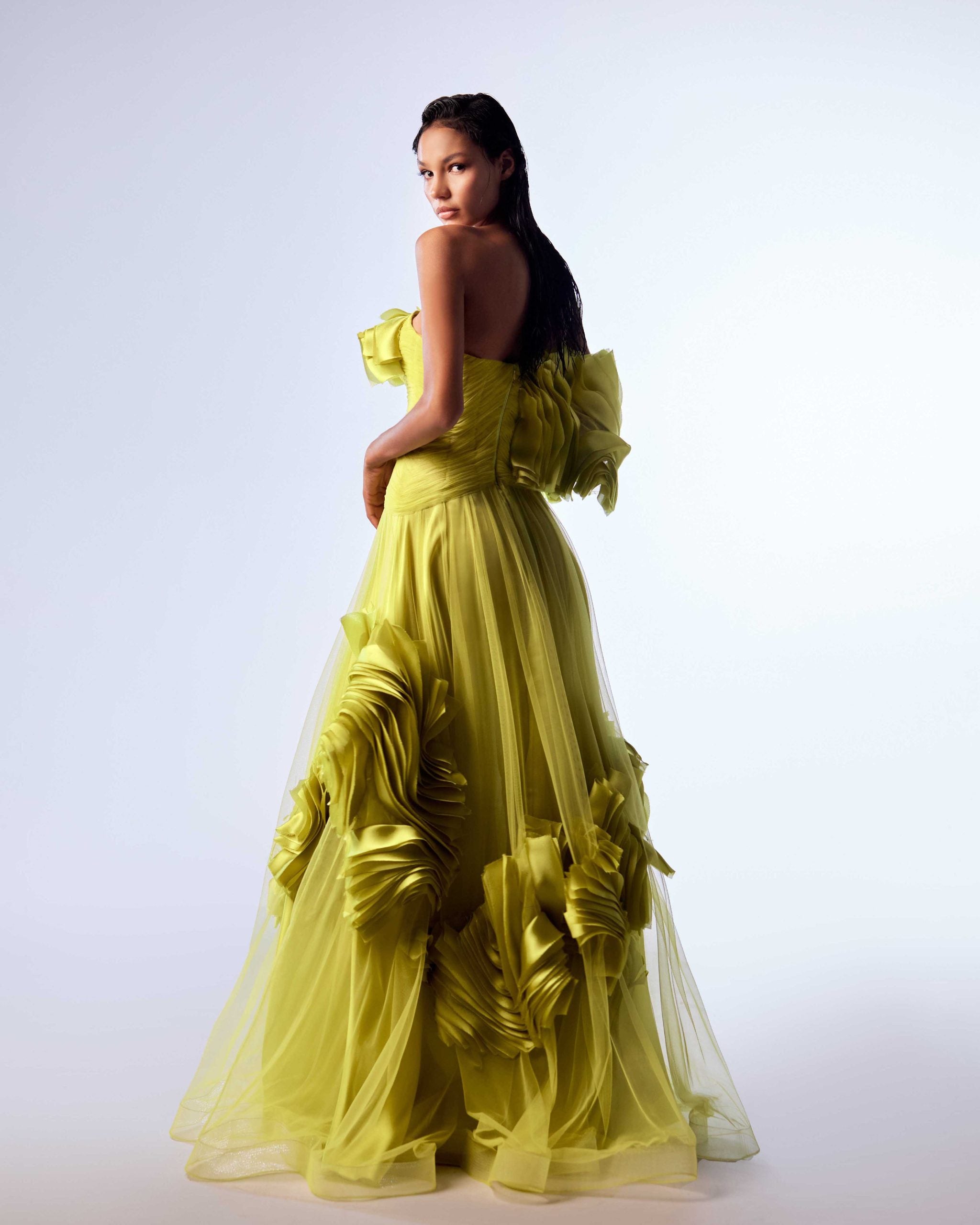 Gaby Charbachy G1736 Green Strapless Tulle & Organza Ball Gown with Layered Draped Bust