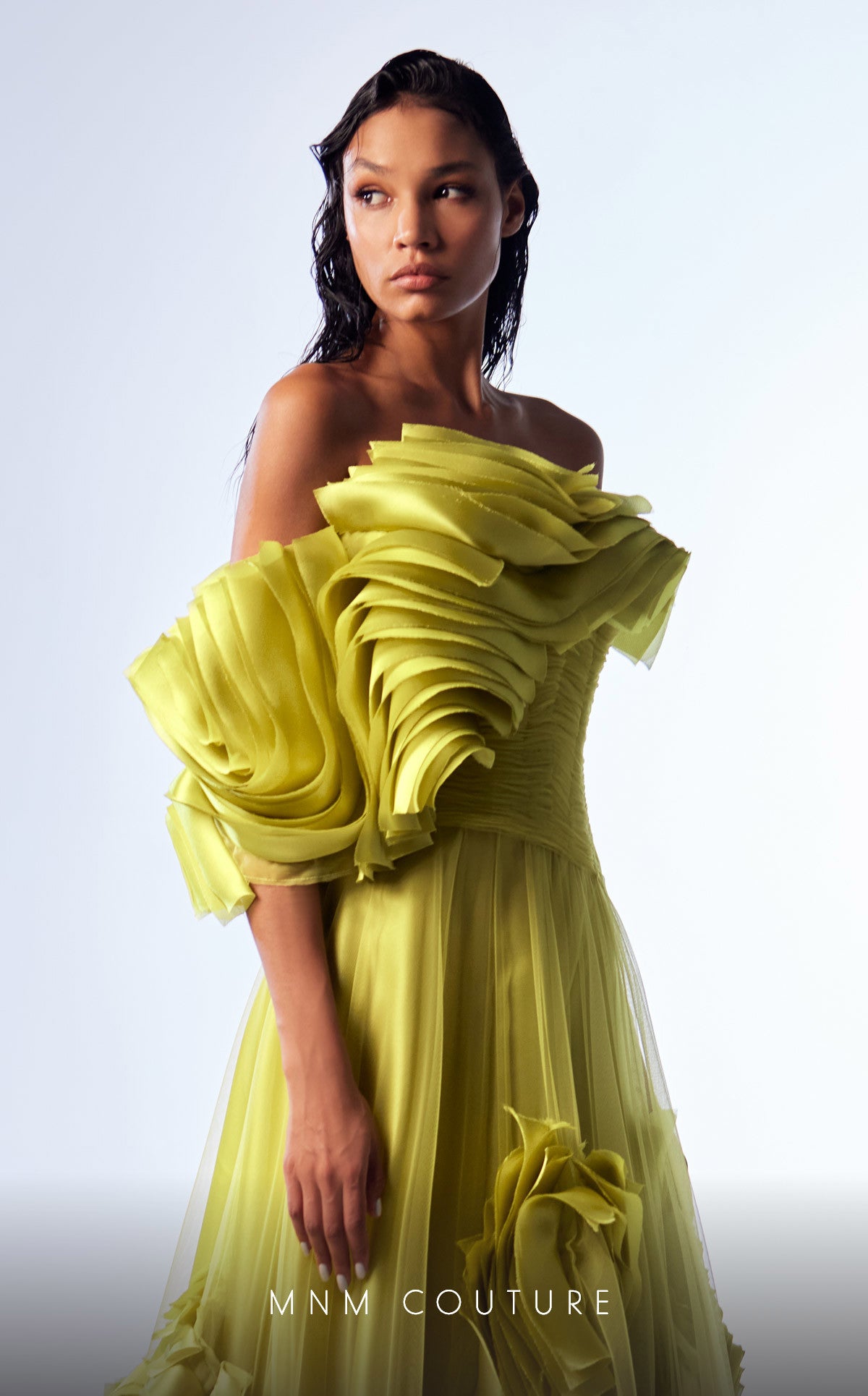 Gaby Charbachy G1736 Green Strapless Tulle & Organza Ball Gown with Layered Draped Bust