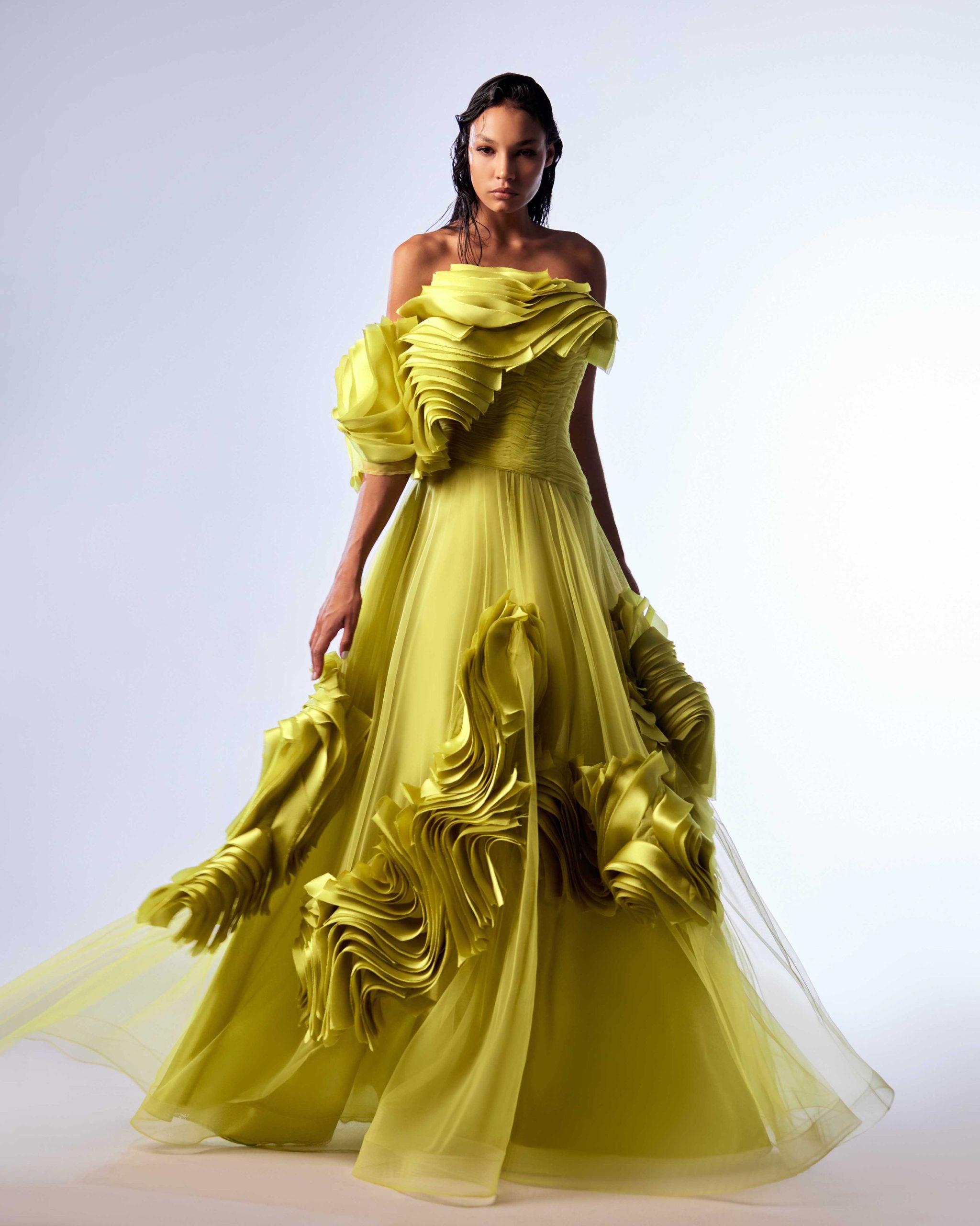 Gaby Charbachy G1736 Green Strapless Tulle & Organza Ball Gown with Layered Draped Bust