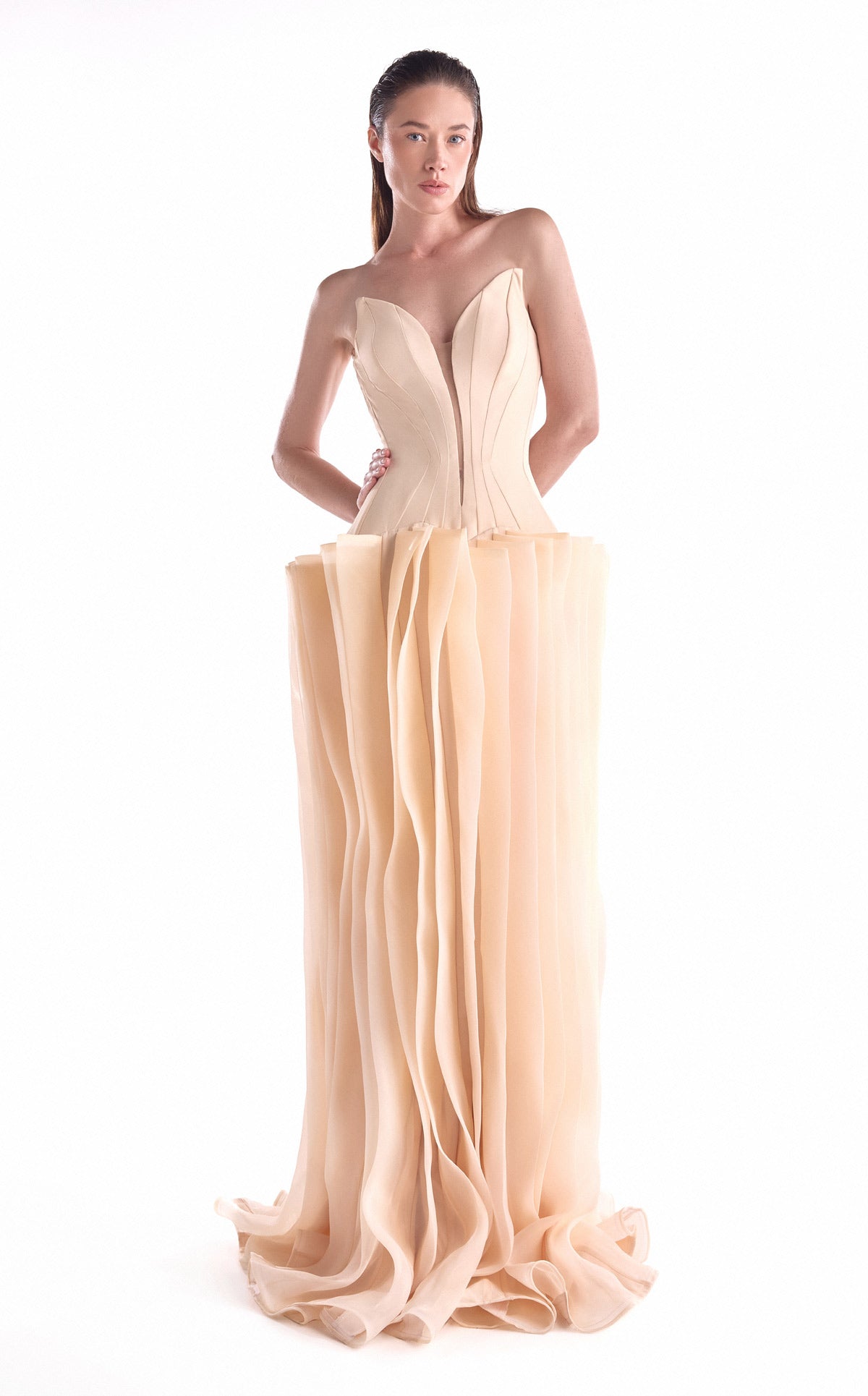 Gaby Charbachy G2100 Nude Deep-V Crepe Corset Gown with Layered Organza Skirt