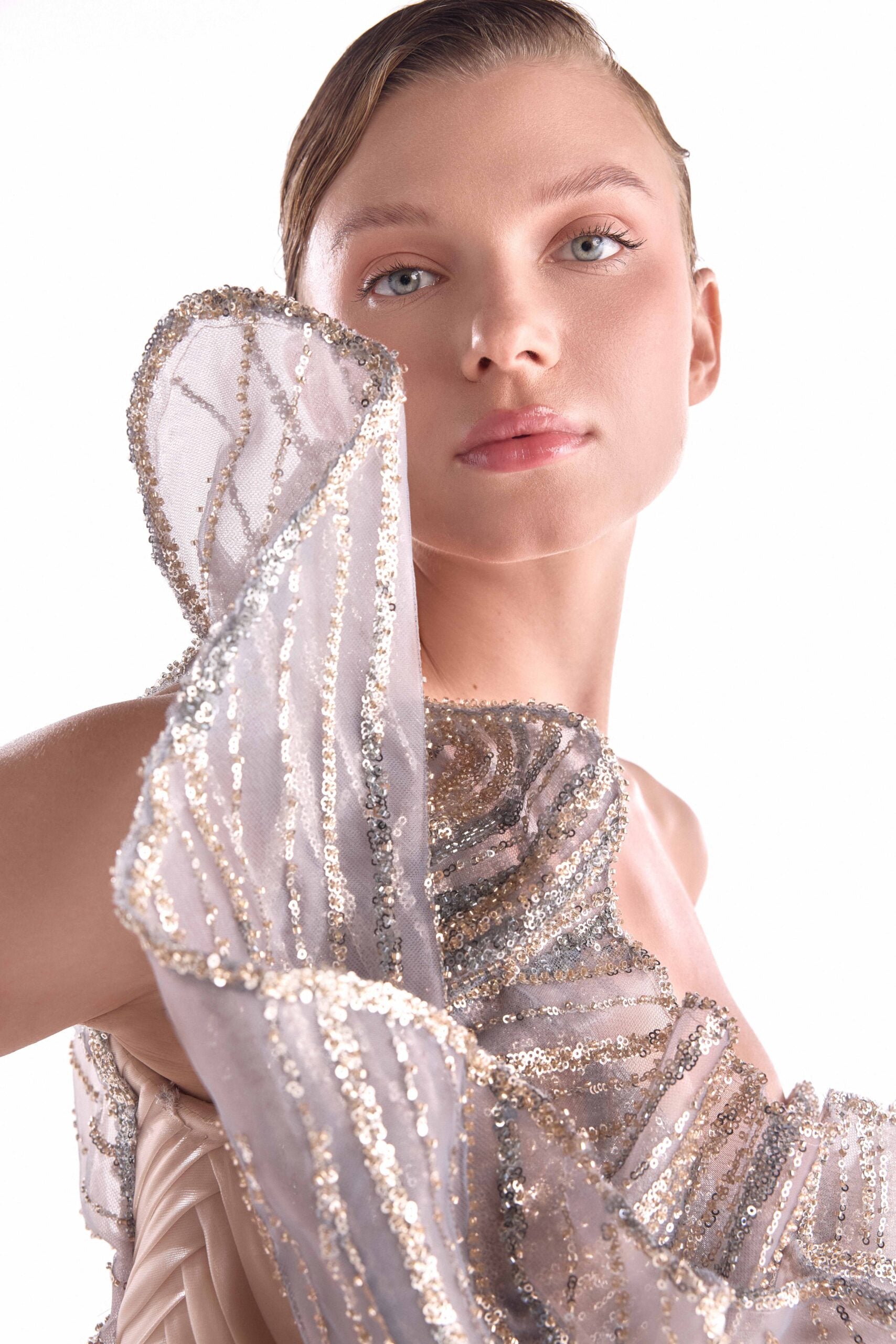 Gaby Charbachy G2101 Nude Silver Lace One-Shoulder Gown with Organza Train & High Slit