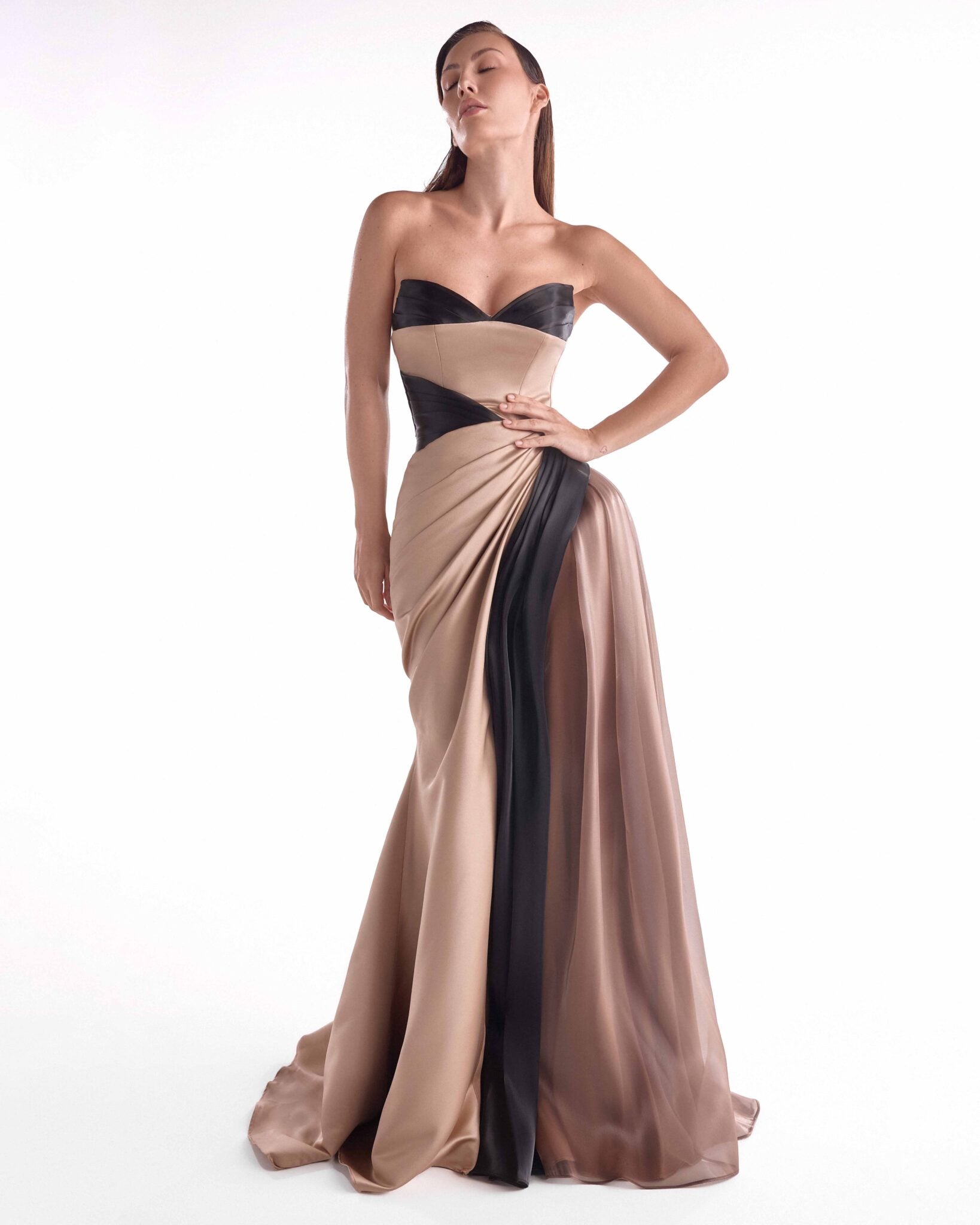 Gaby Charbachy G2102 Brown & Black Satin Razmir Organza Draped Gown