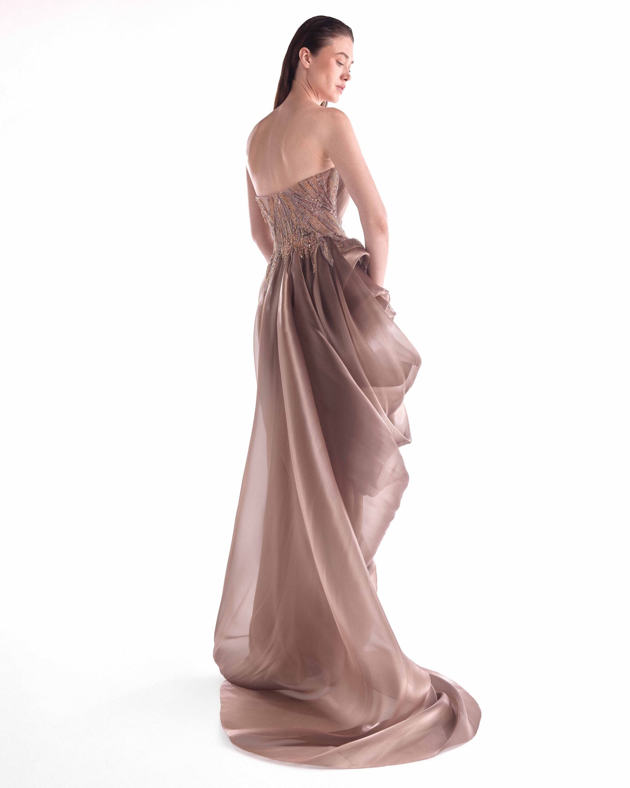 Gaby Charbachy G2103 Brown Grecian Peg-Top Gown with Lace Inserts & Fluid Draping