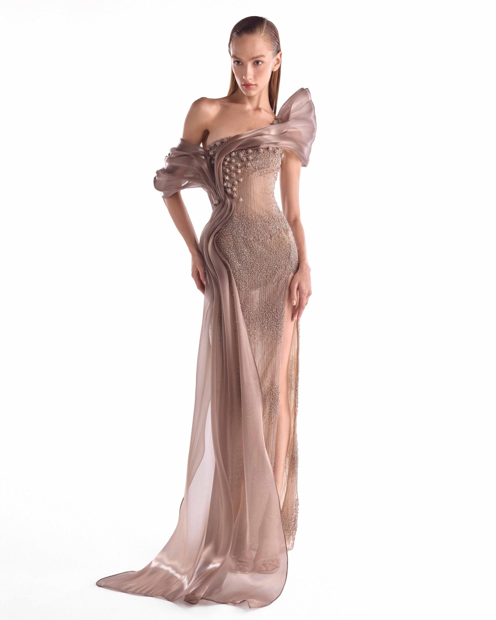 Gaby Charbachy G2105 Brown One-Shoulder Pearl Lace Column Gown with Organza Train