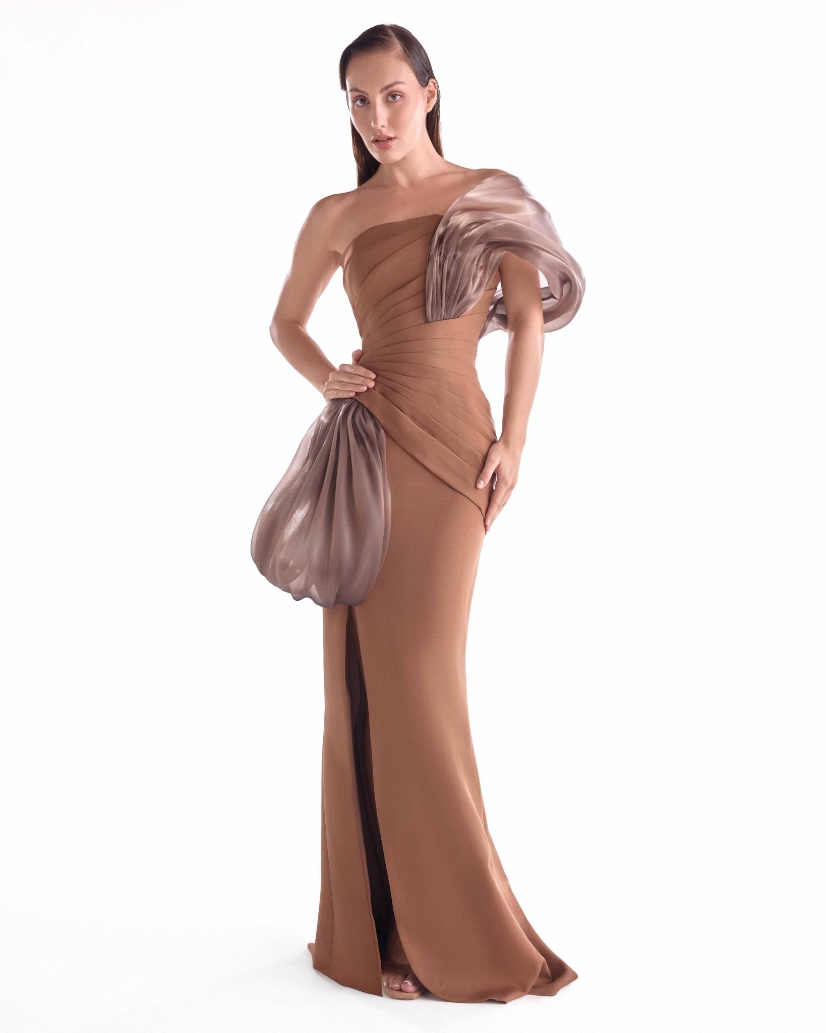 Gaby Charbachy G2106 Off-Shoulder Crepe Gown with Fluid Organza Draping & High Slit