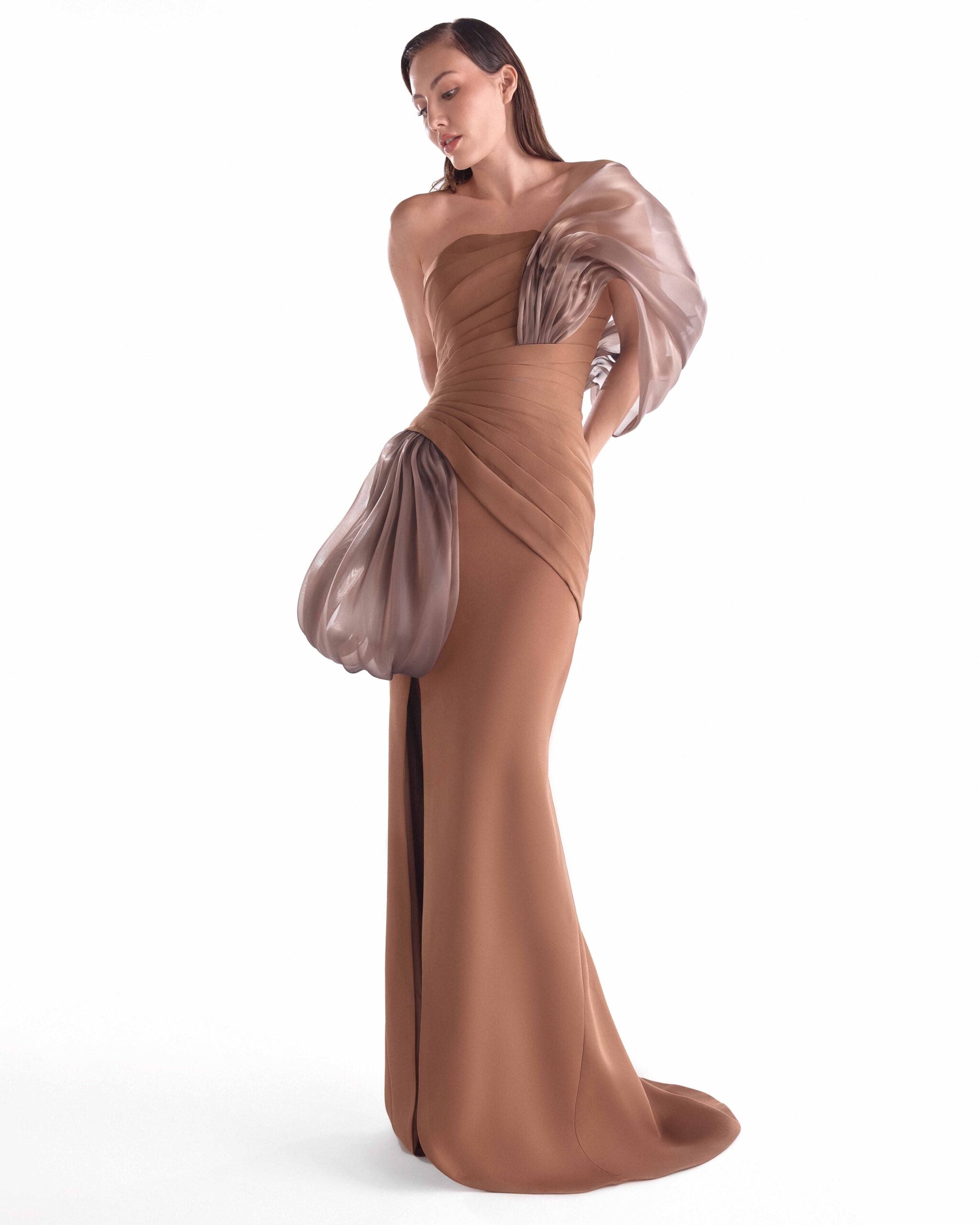 Gaby Charbachy G2106 Off-Shoulder Crepe Gown with Fluid Organza Draping & High Slit