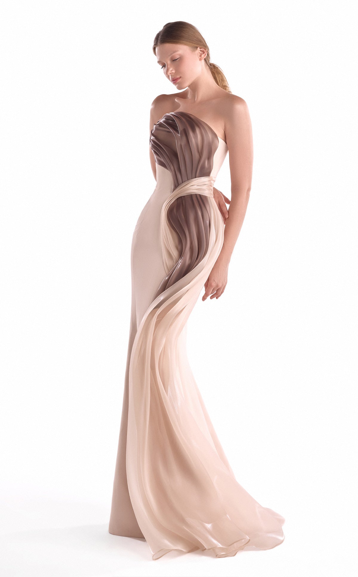 Gaby Charbachy G2109 Nude Strapless Crepe Mermaid Gown with Two-Tone Organza Draping