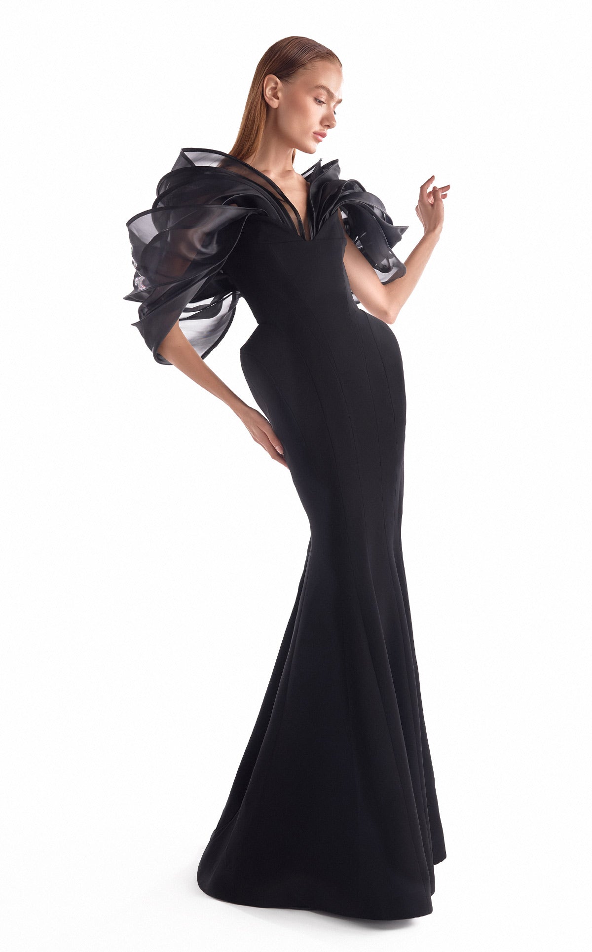 Gaby Charbachy G2110 Black Crepe Mermaid Gown with Sculpted Hips & Organza Petal Shoulders